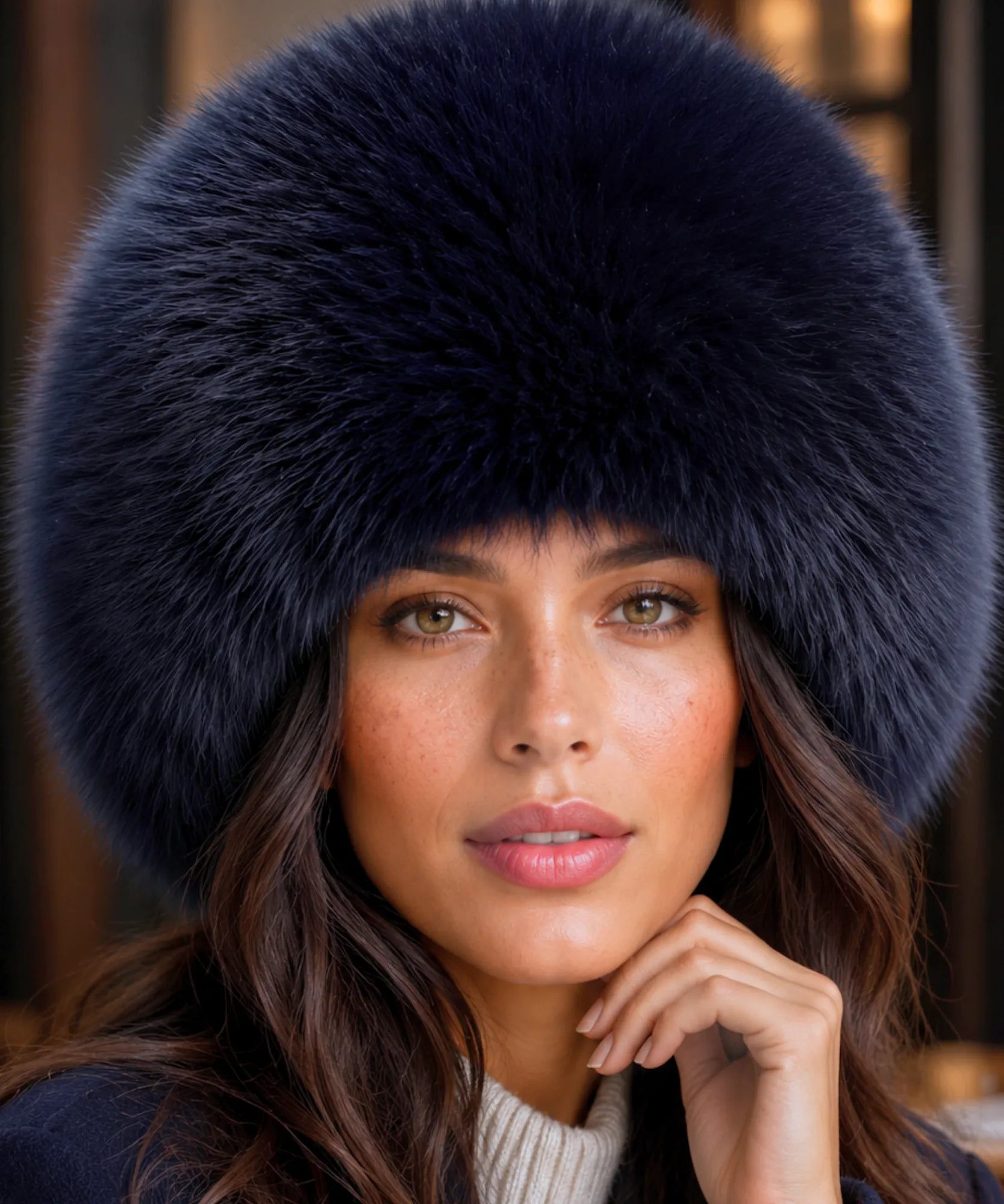 Women's Leather Trapper Hat in Navy with a plush fur trim