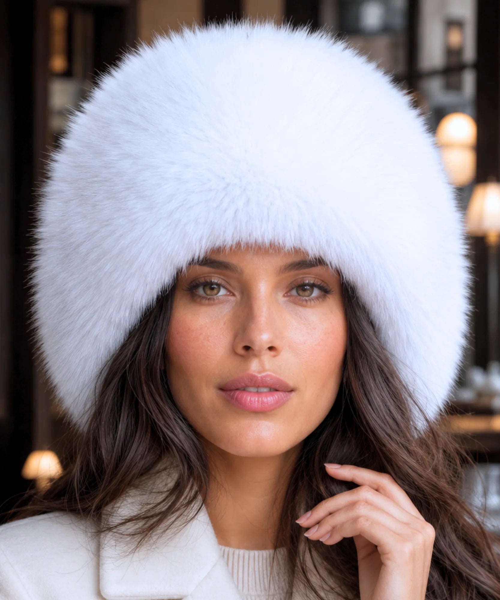 Women's Leather Trapper Hat in White with a plush fur trim