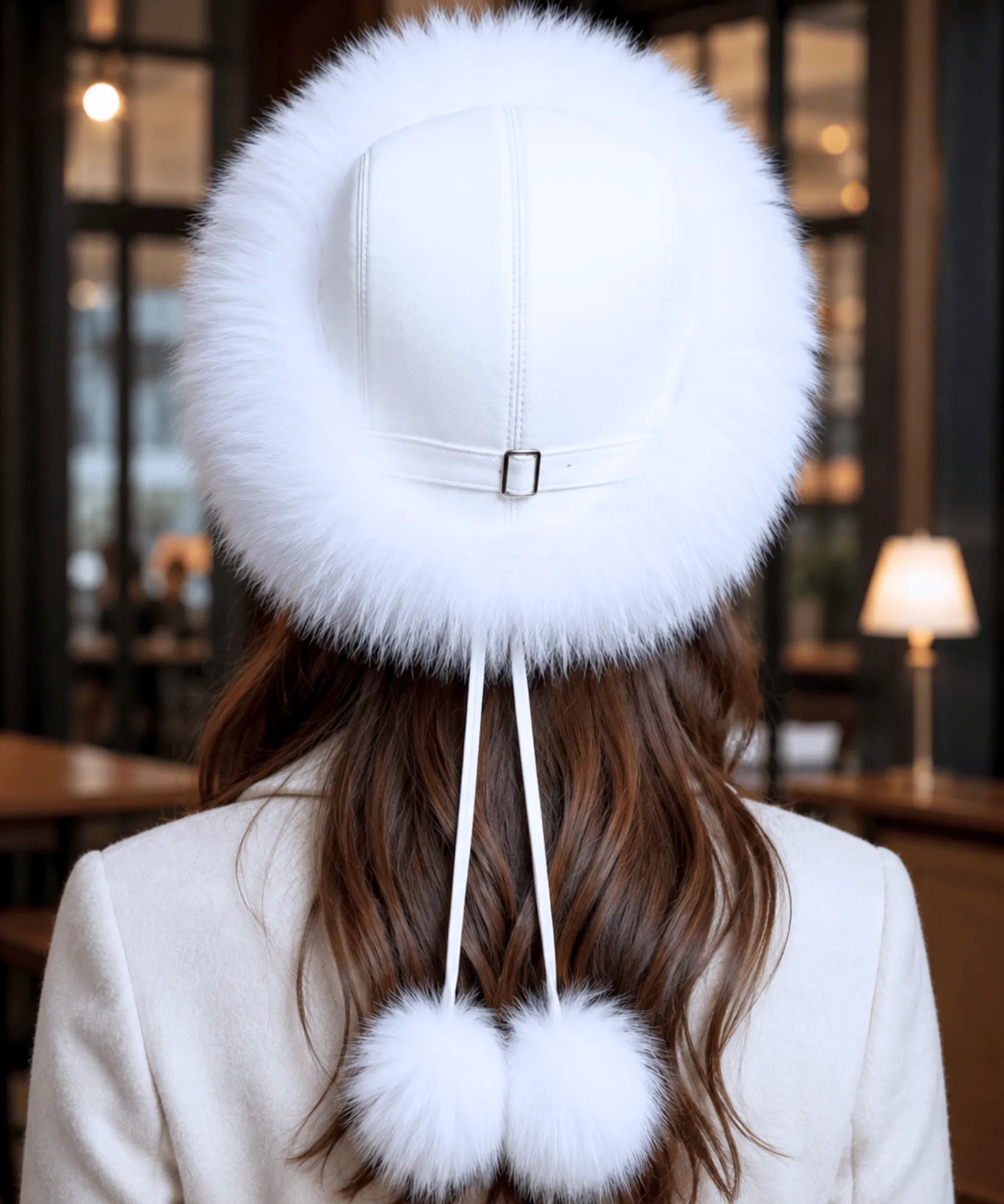 Women's Leather Trapper Hat in White, back view showing the buckle strap and pom-pom ties