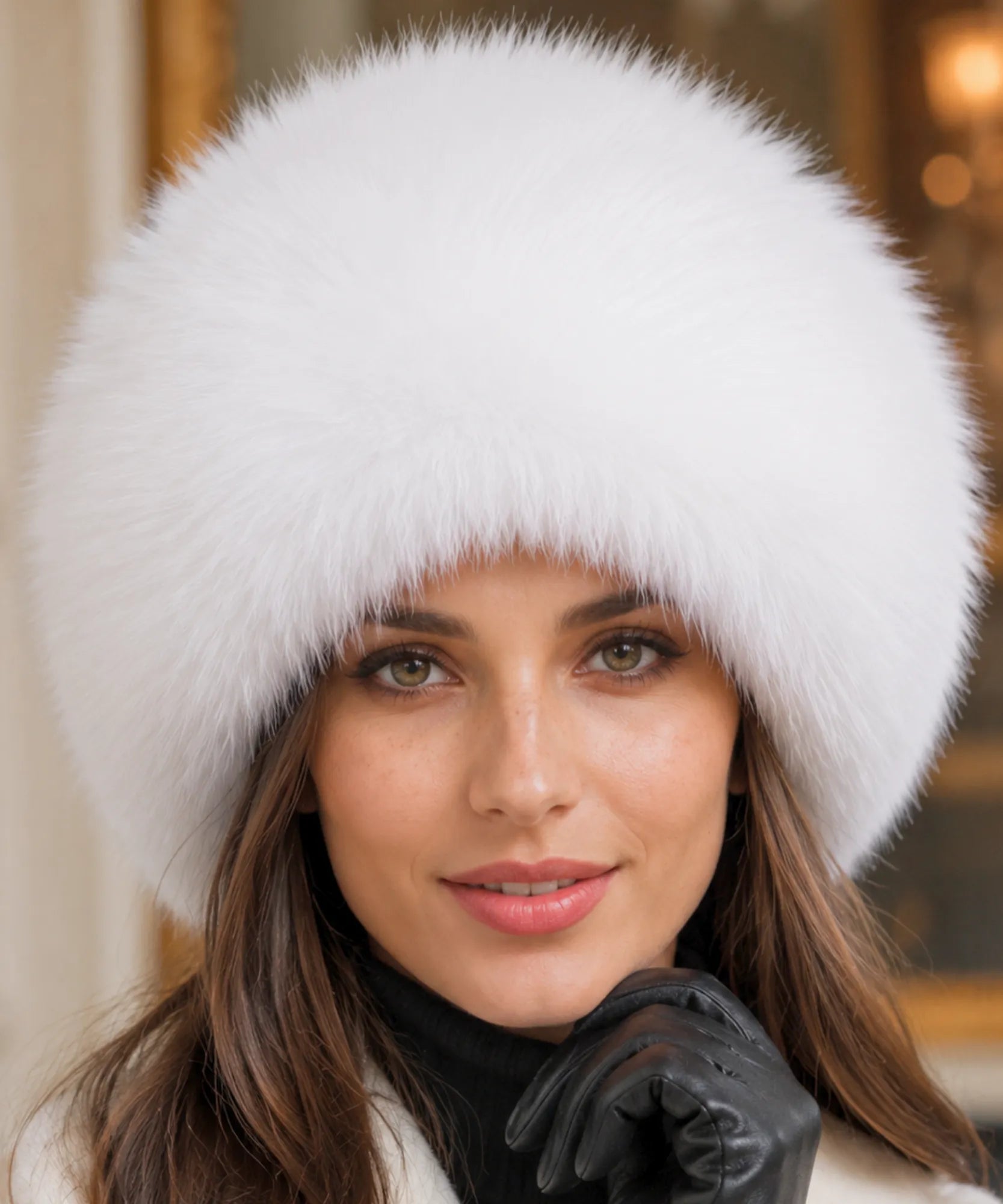 Women's Leather Trapper Hat in White with a plush fur trim, alternate view