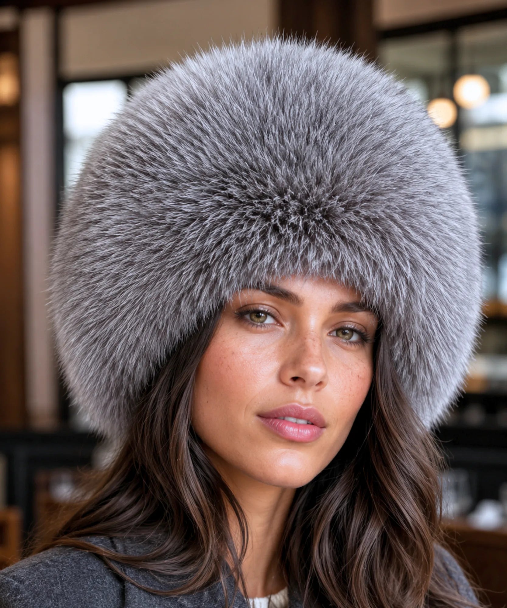 Women's Leather Trapper Hat in Grey with a plush fur trim