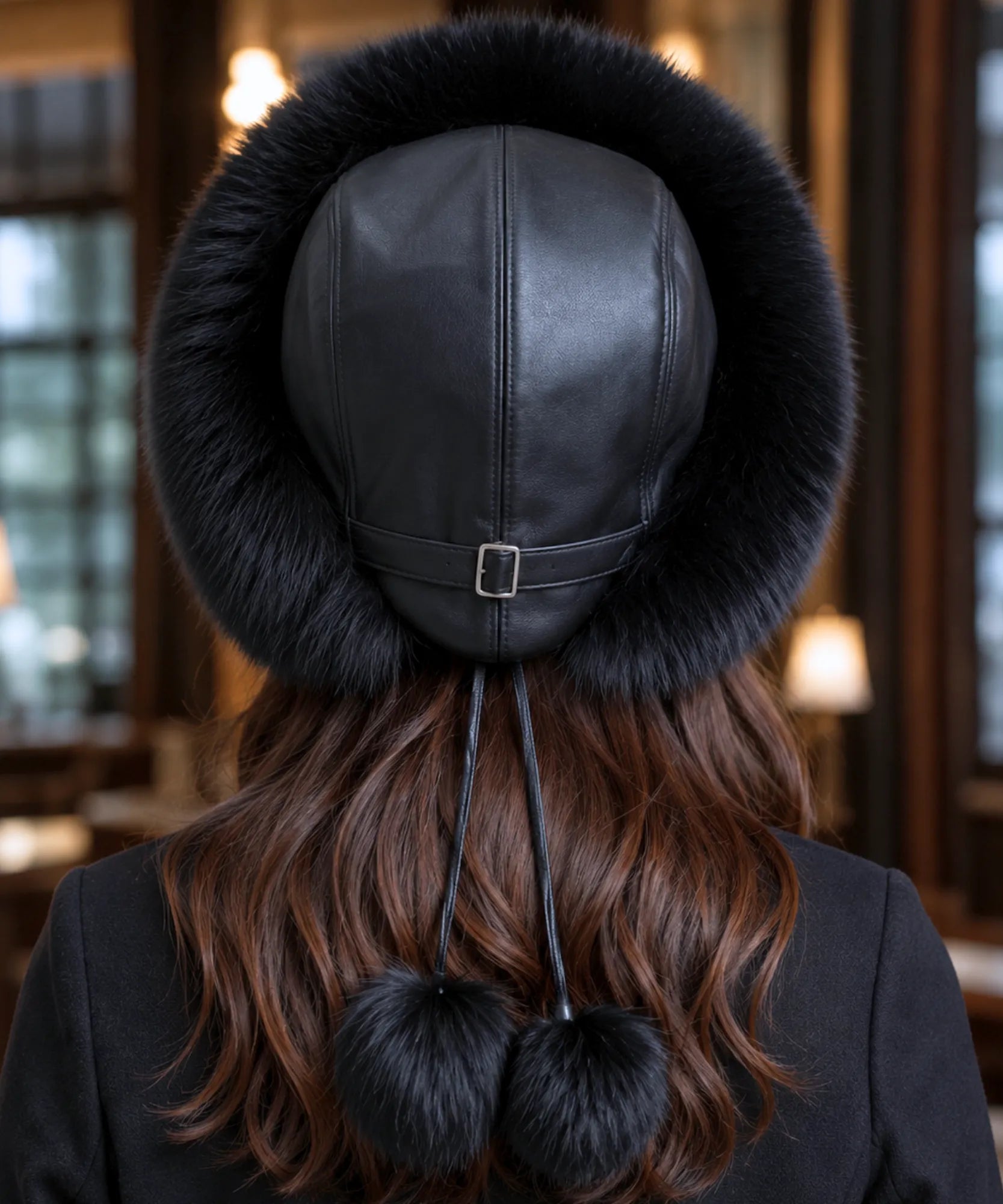 Women's Leather Trapper Hat in Black, back view showing the buckle strap and pom-pom ties