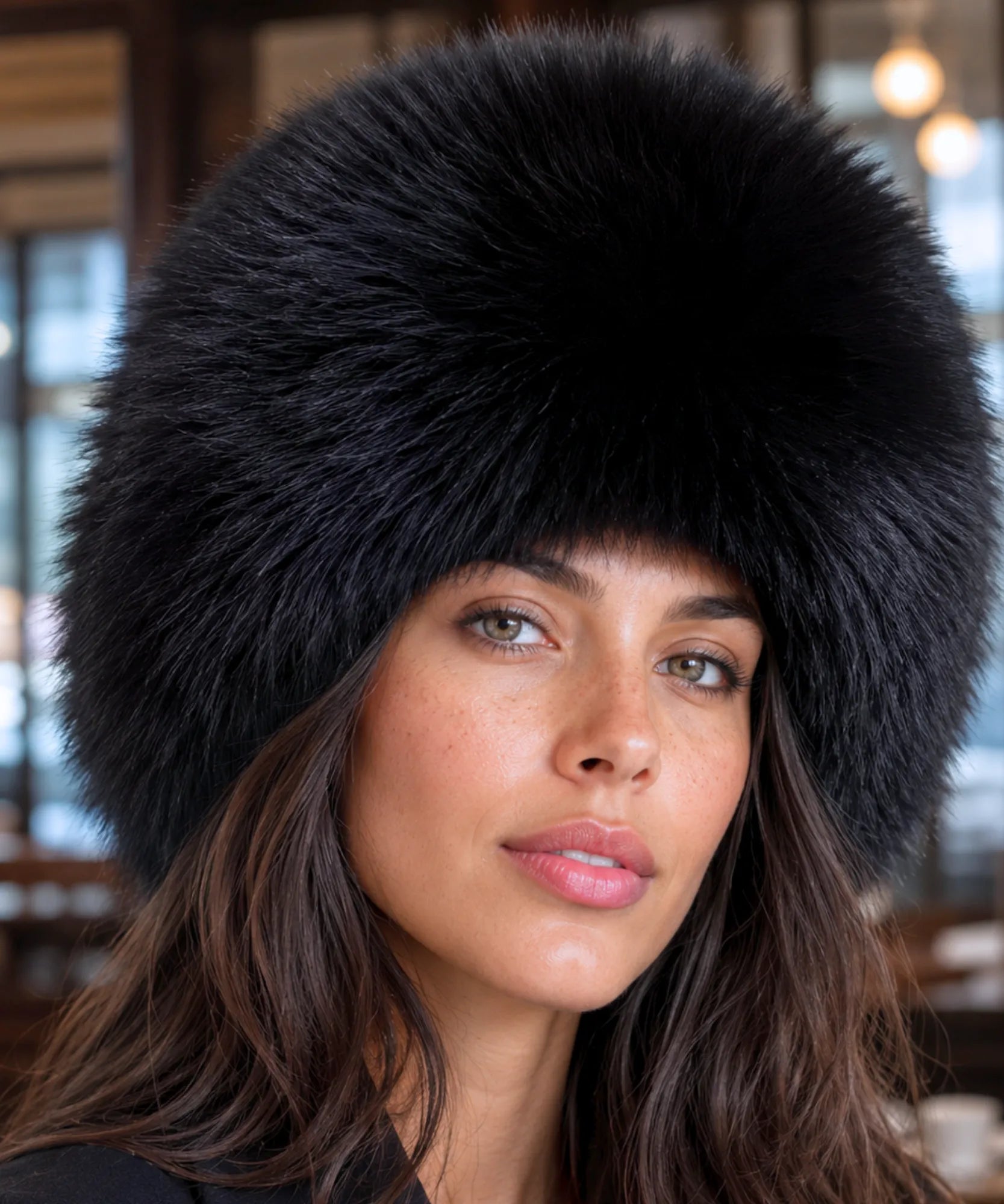 Women's Leather Trapper Hat in Black with a plush fur trim