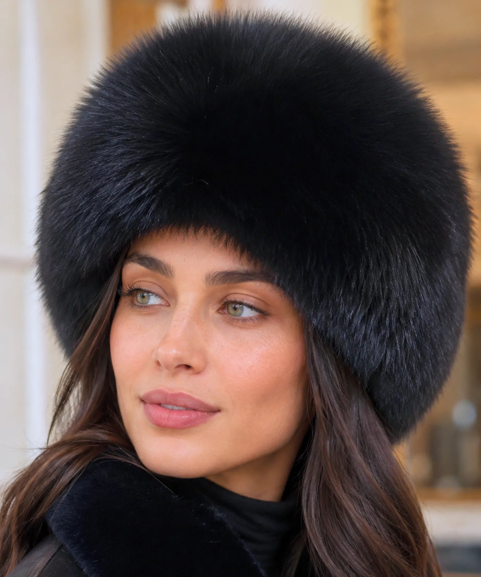 Woman wearing a Women's Leather Trapper Hat in Black with a plush fur trim