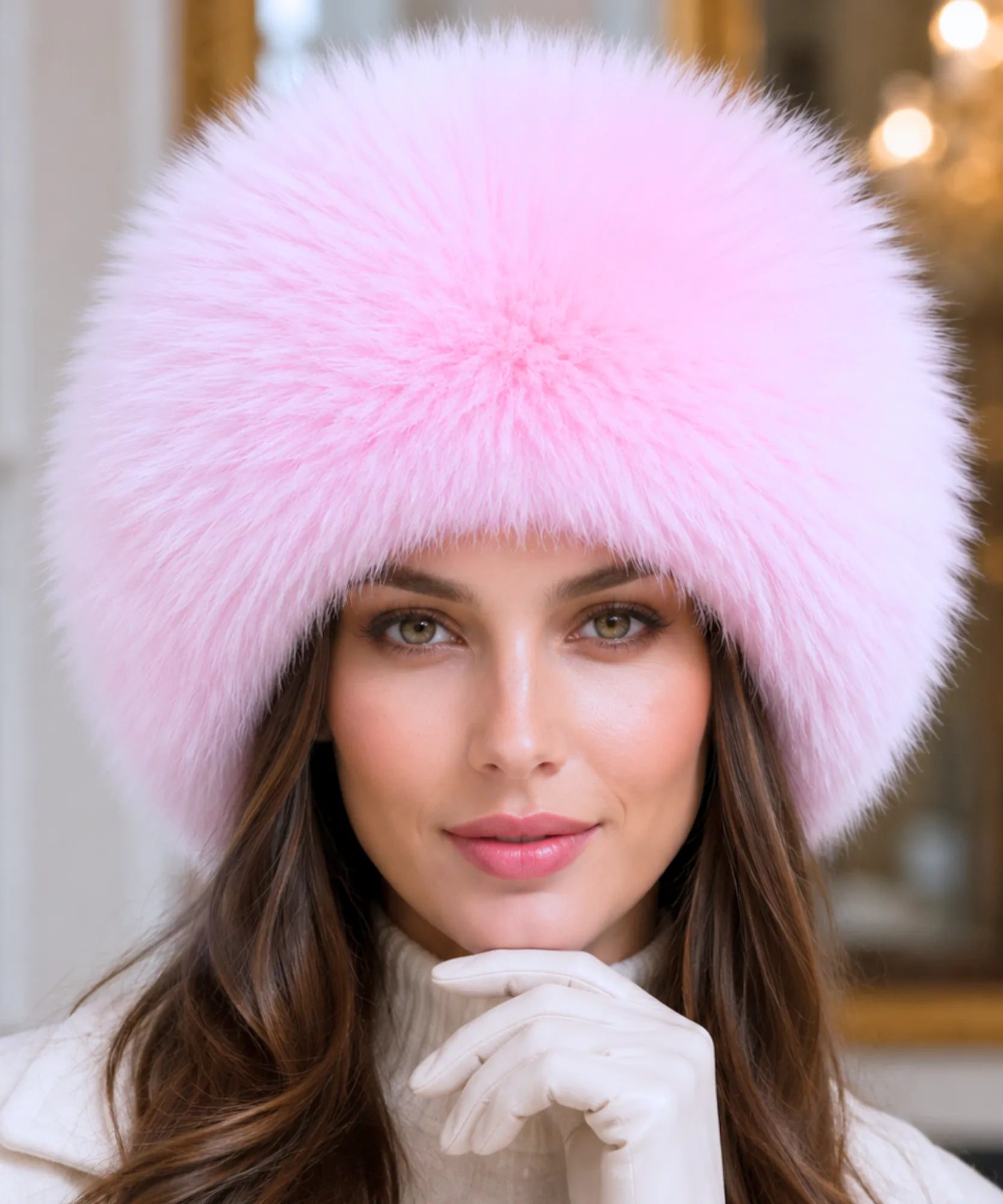 Women's Leather Trapper Hat in Blush Pink with a plush fur trim