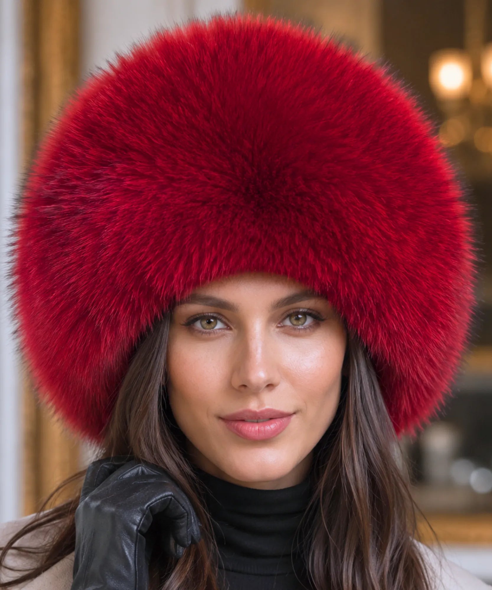 Women's Leather Trapper Hat in Red with a plush fur trim, alternate view