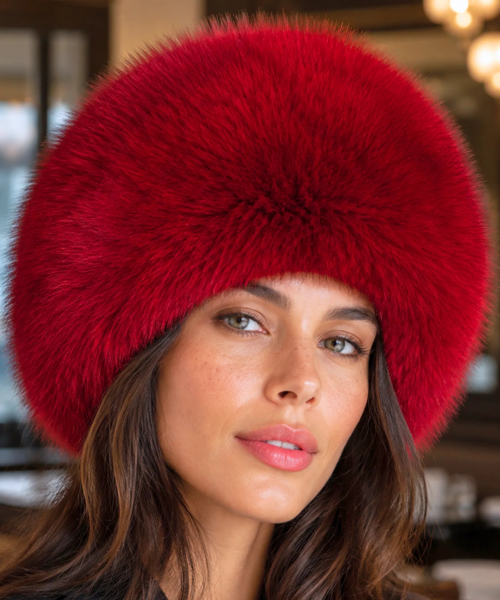 Women's Leather Trapper Hat in Red with a plush fur trim