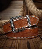 Women's studded western belt in cognac vegan leather with engraved silver buckle