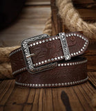 Women's studded western belt in dark brown vegan leather with engraved silver buckle