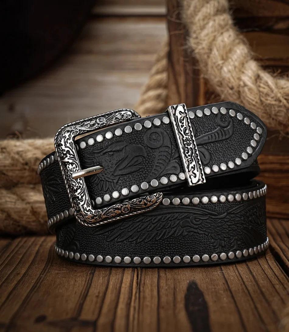 Women's studded western belt in black vegan leather with engraved silver buckle