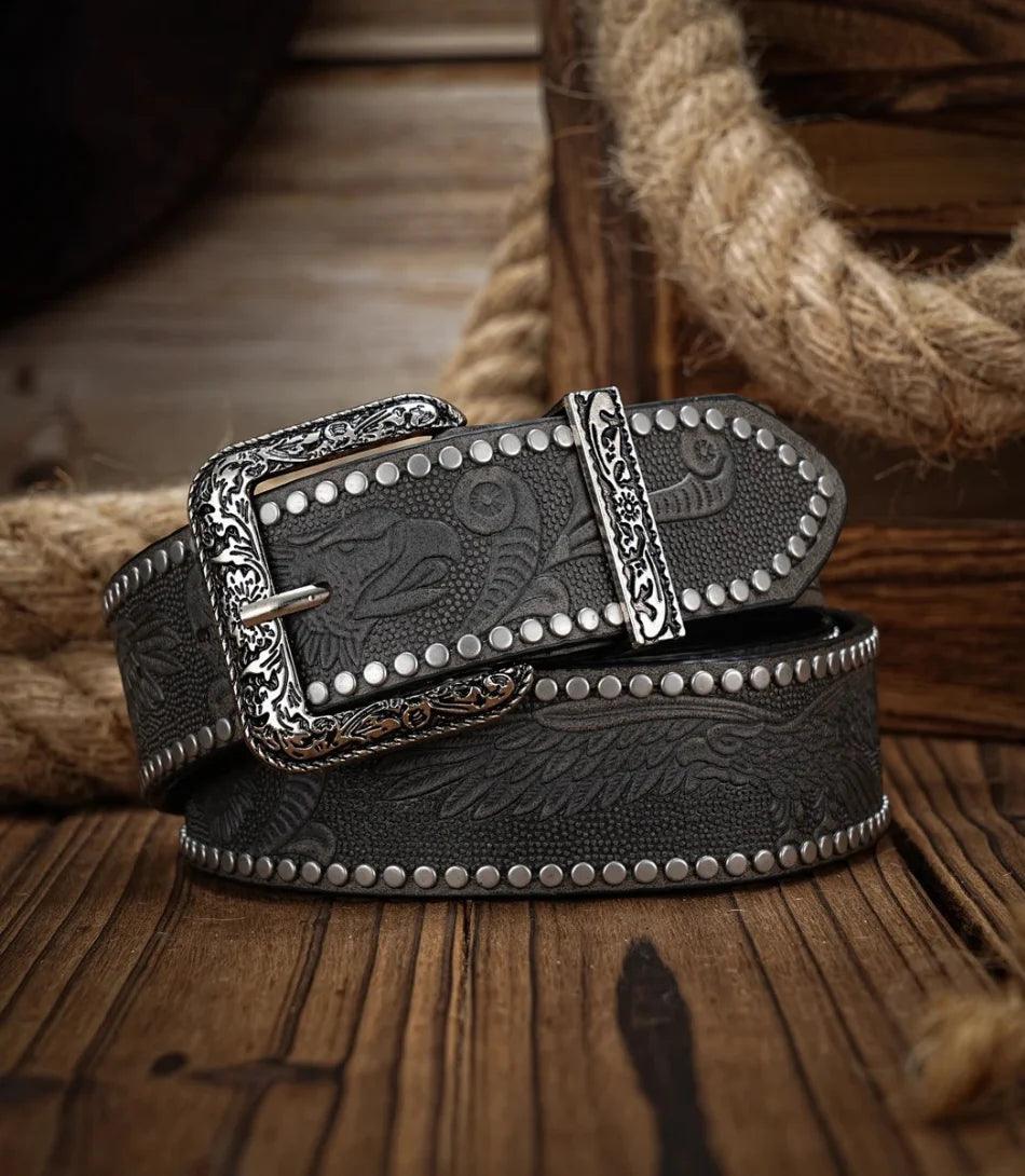 Women's studded western belt in charcoal vegan leather with engraved silver buckle