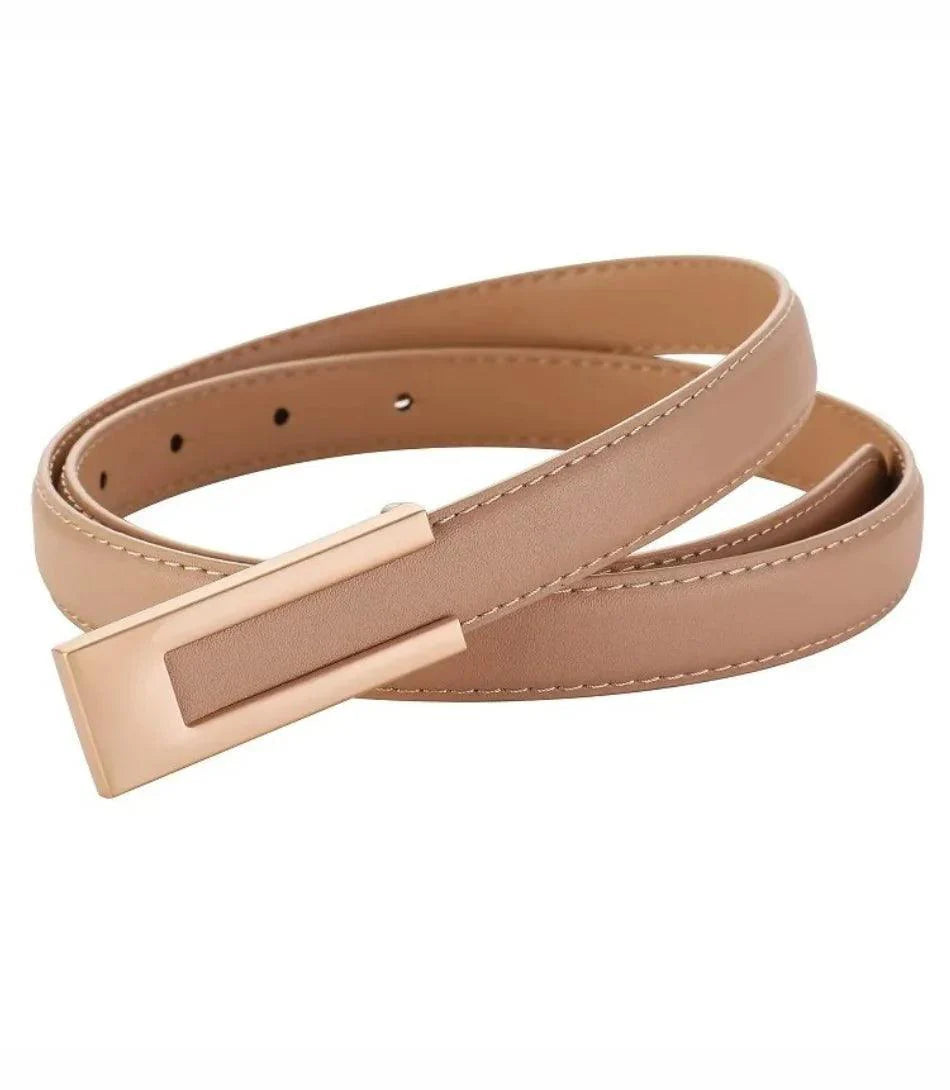 Women's skinny belt in champagne vegan leather with gold buckle