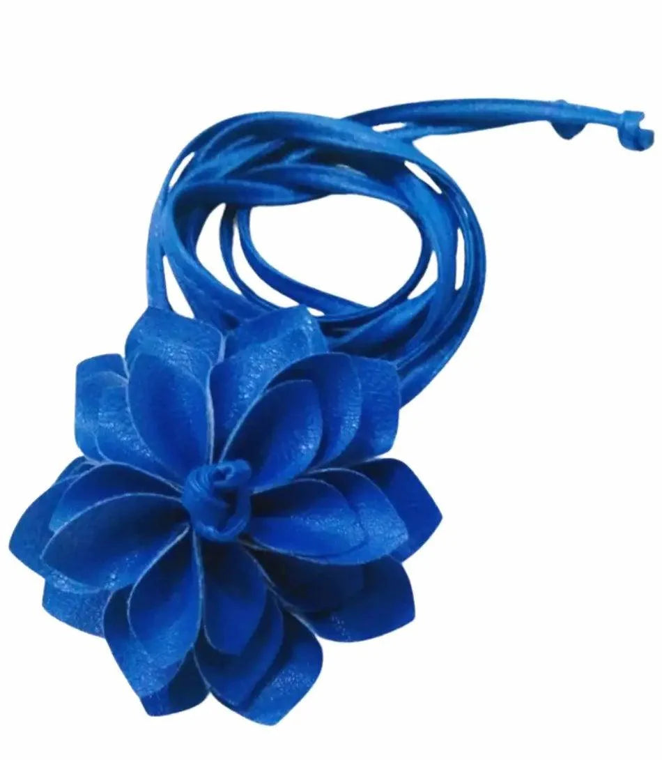 Women's cobalt blue flower belt with long tie ends in vegan leather