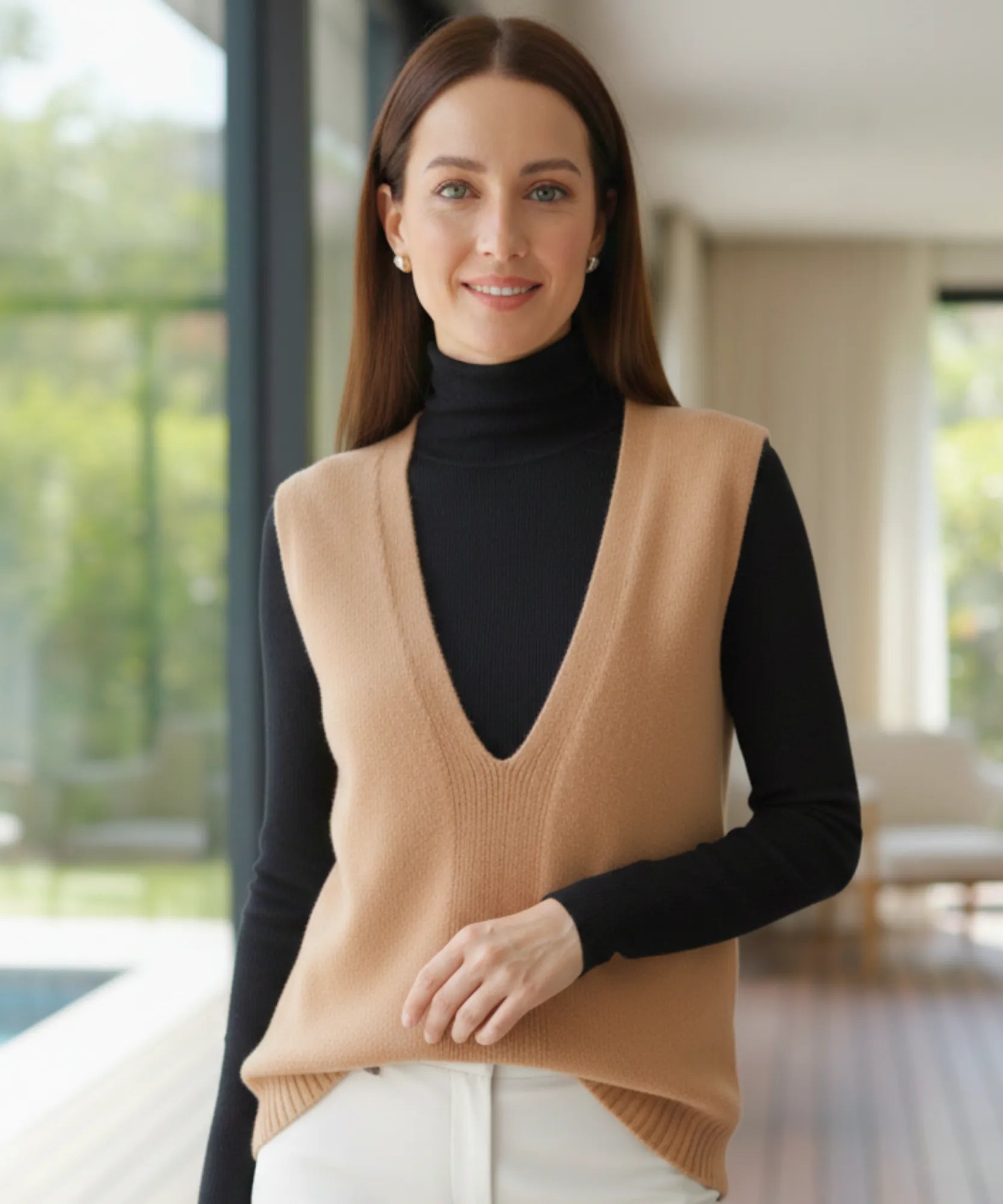 Women's oversized V-neck sweater vest in khaki, styled look