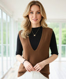 Women's oversized V-neck sweater vest in dark brown, front view