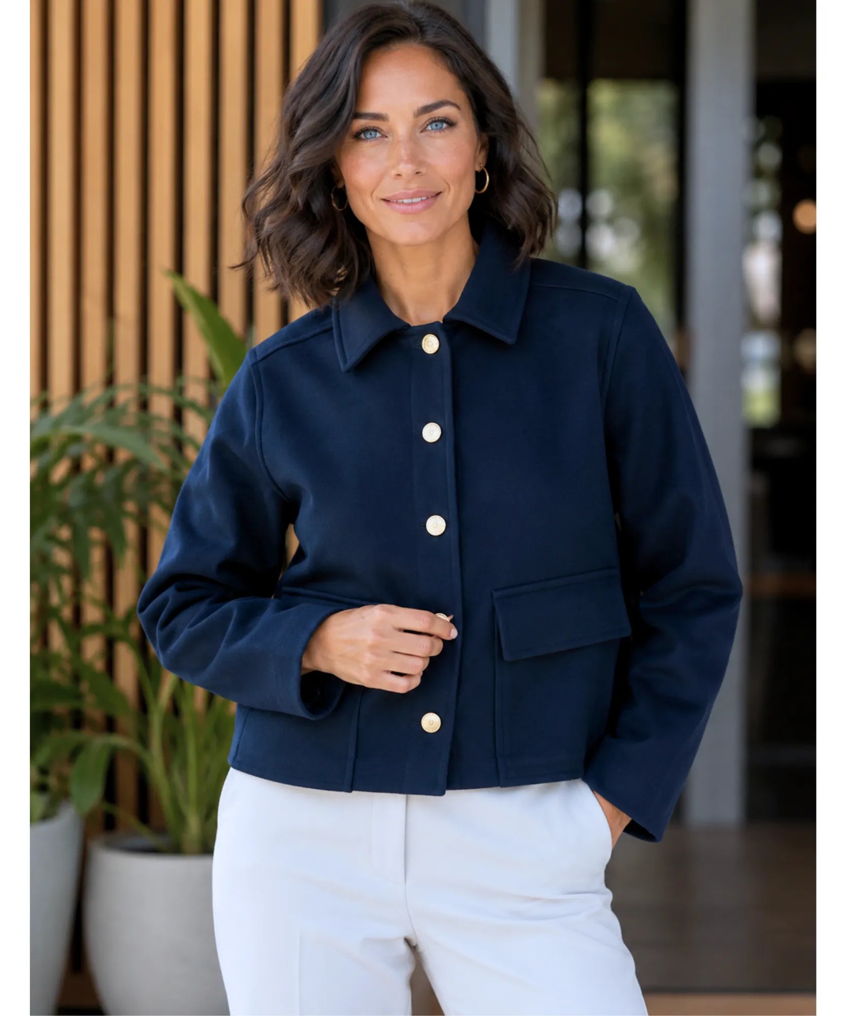 Women's bouclé blazer in navy, front view
