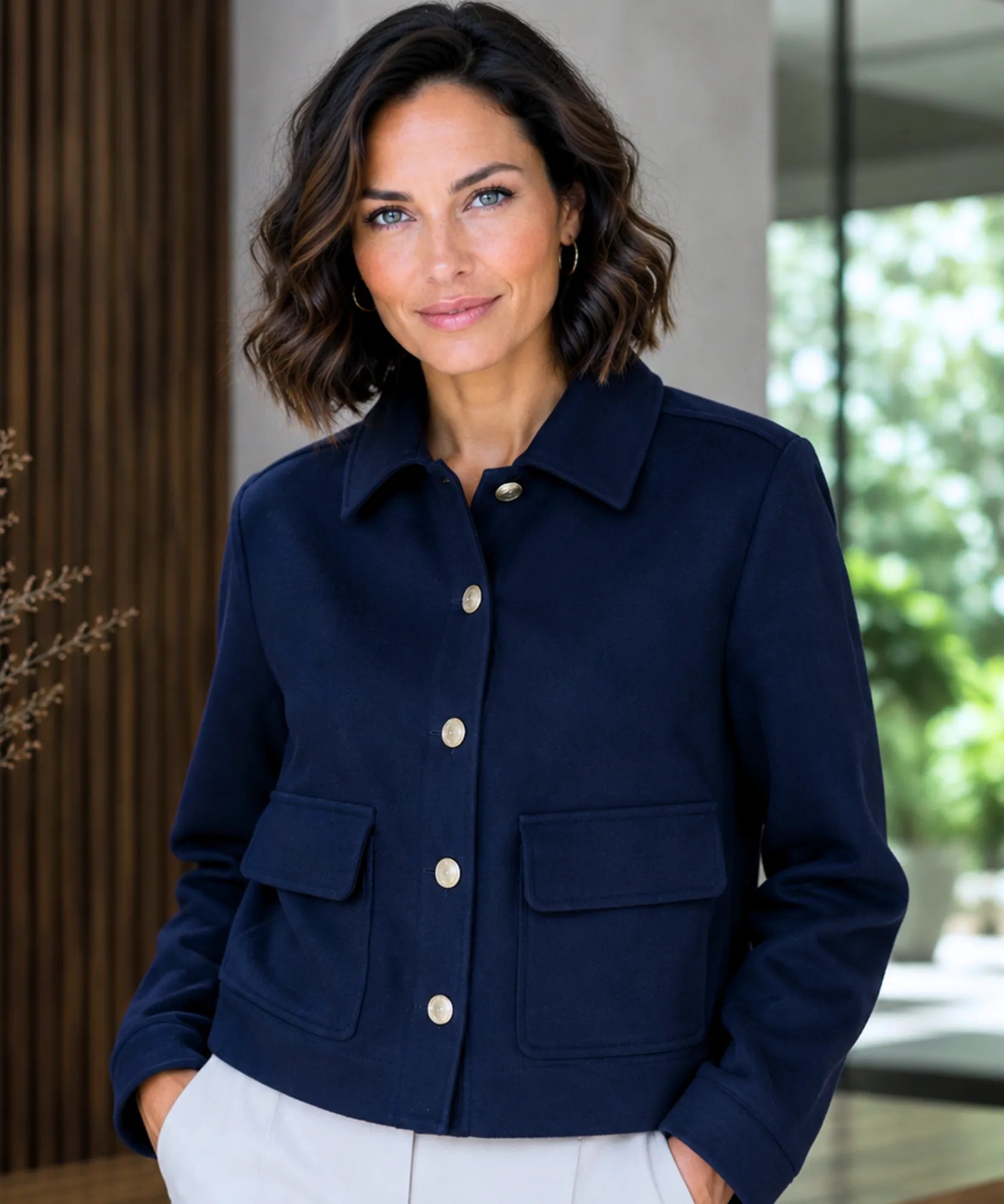 Women's bouclé blazer in navy, back view