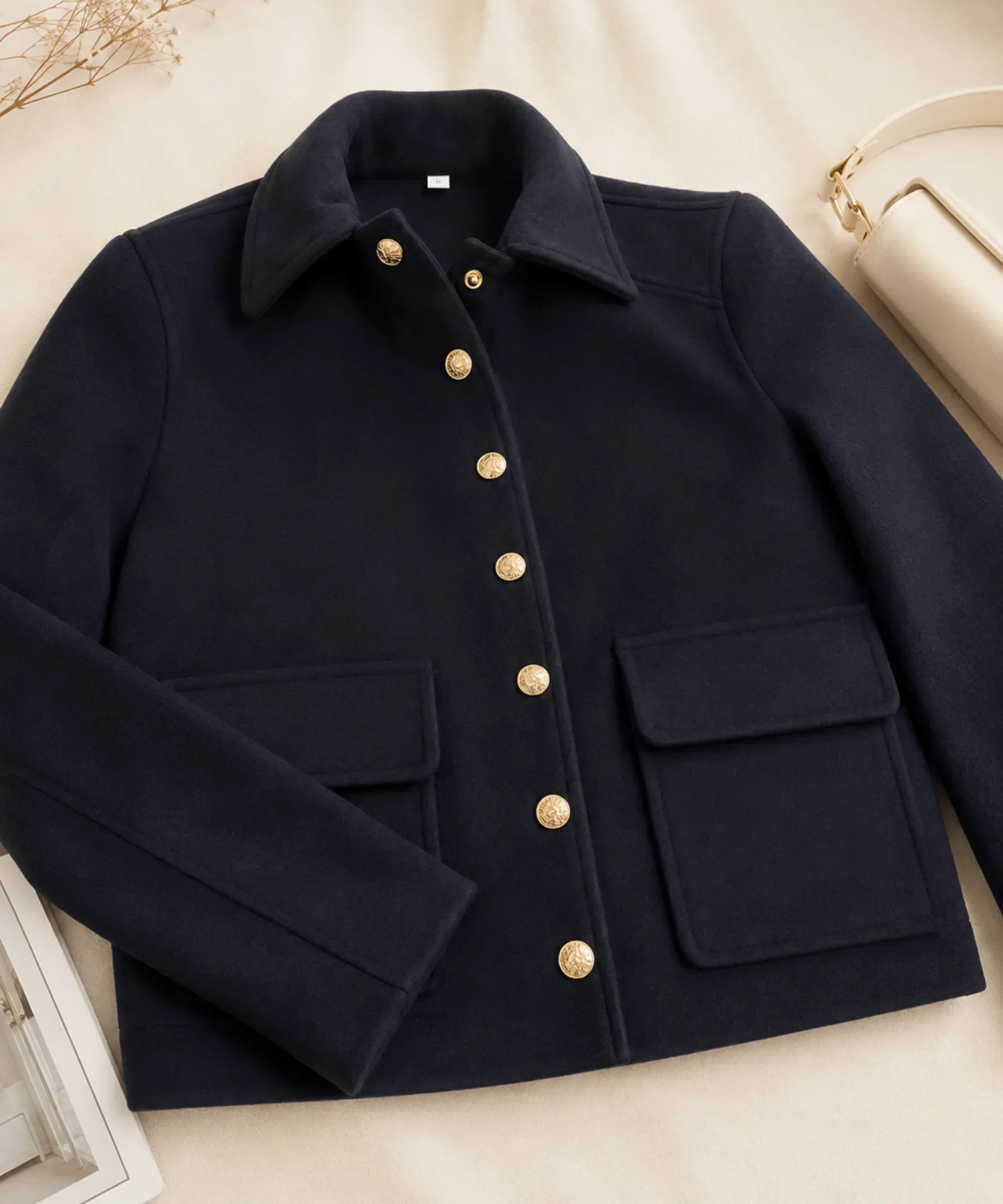 Women's bouclé blazer in navy, button detail