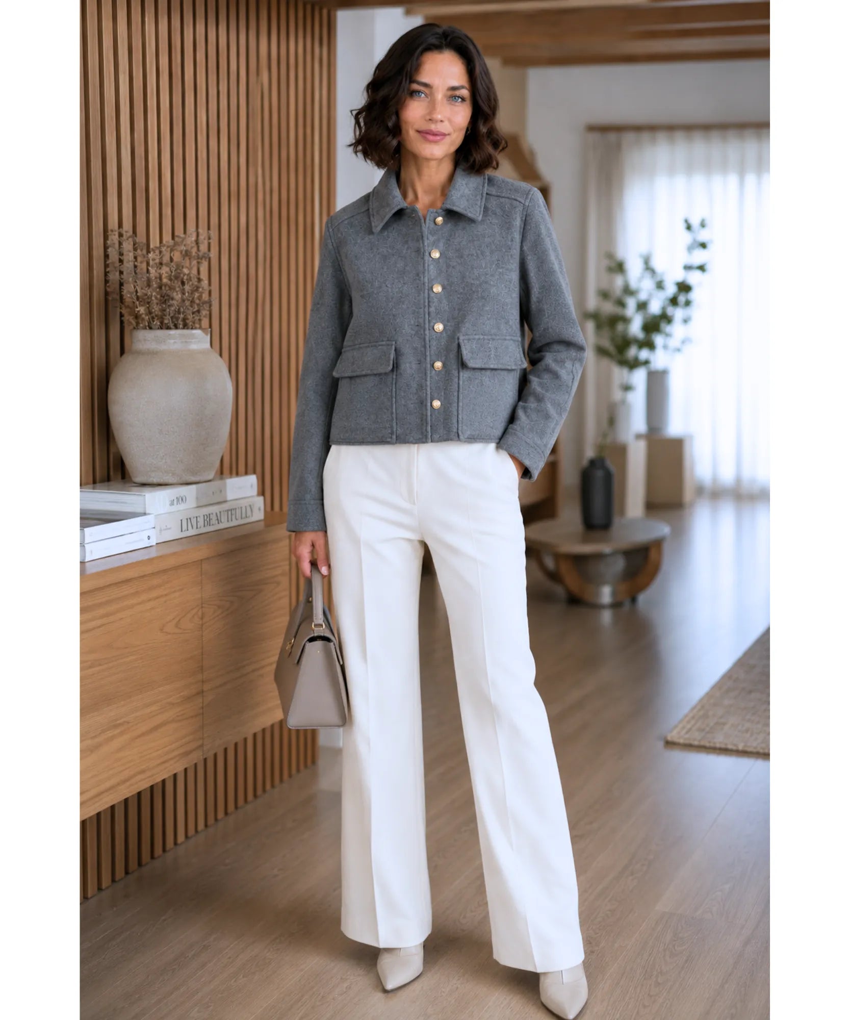 Women's bouclé blazer in grey, close-up texture