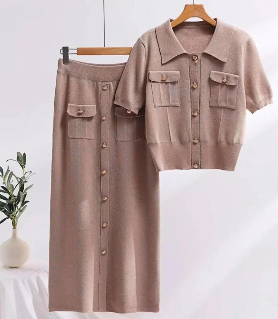 Comprar Conjunto Tricot Feminino com Saia e Blusa Elegante barato Caqui - Anellimn