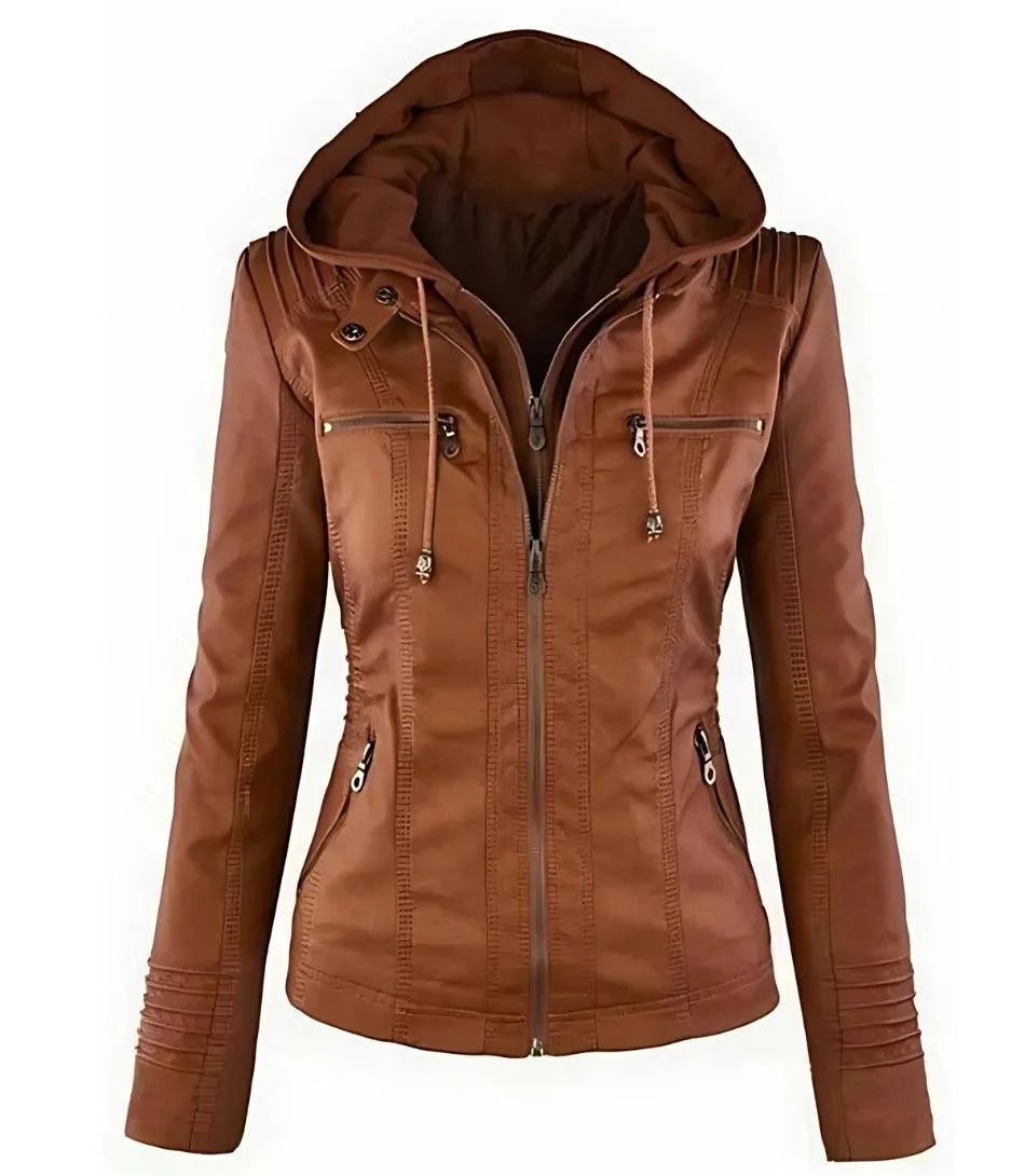 Women's brown vegan leather moto jacket with removable hood