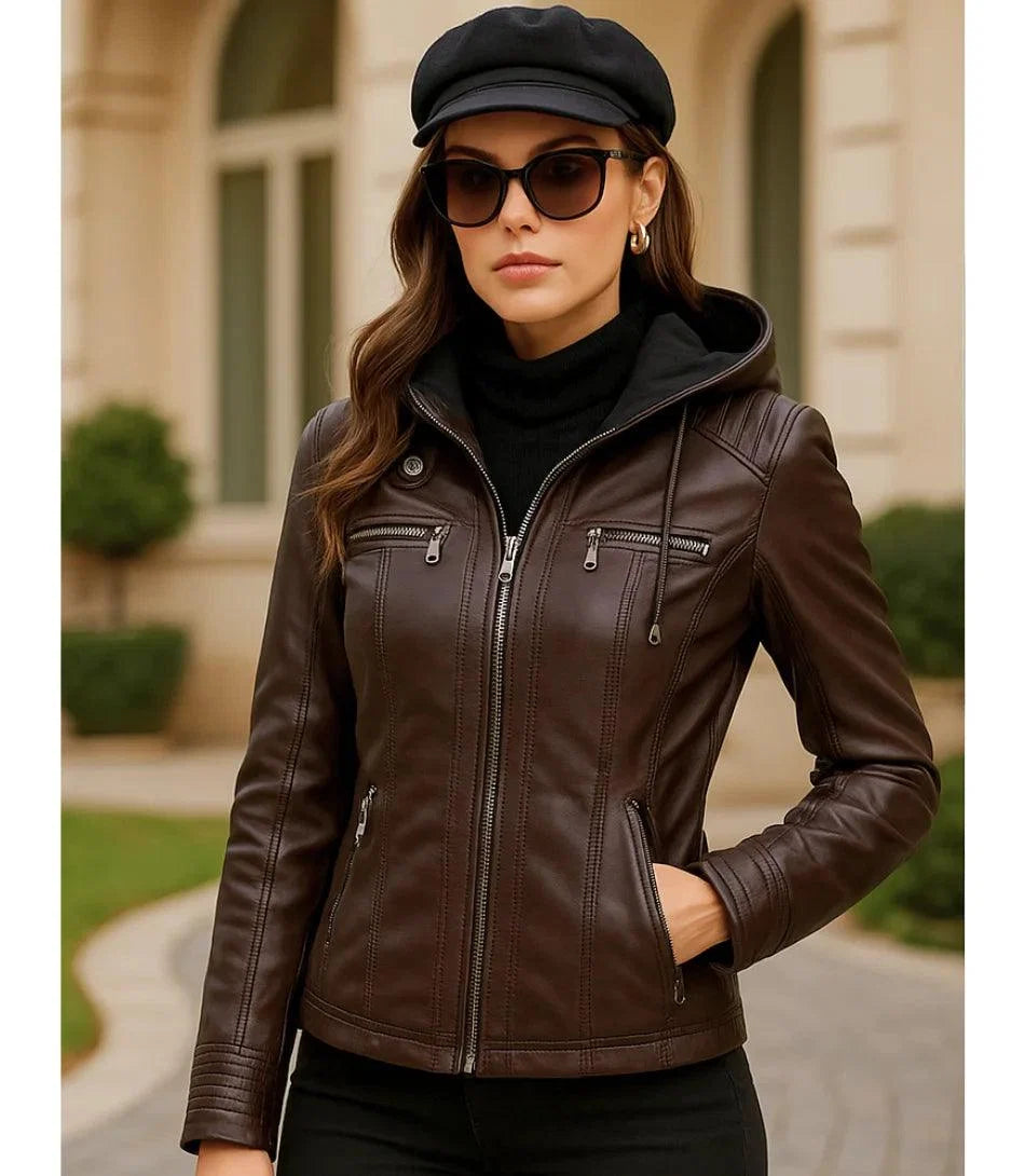 Women's dark brown vegan leather moto jacket, front view