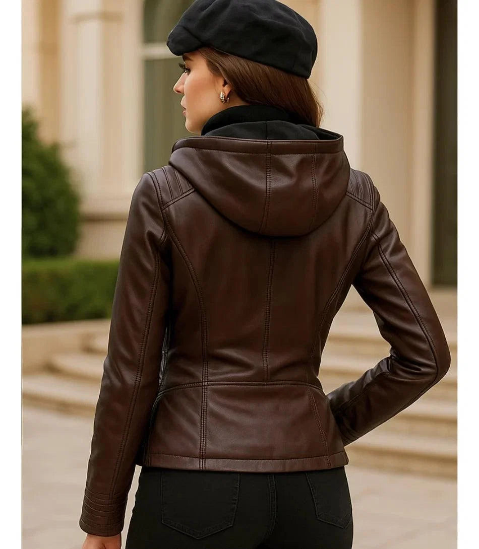 Women's dark brown vegan leather moto jacket, detail view