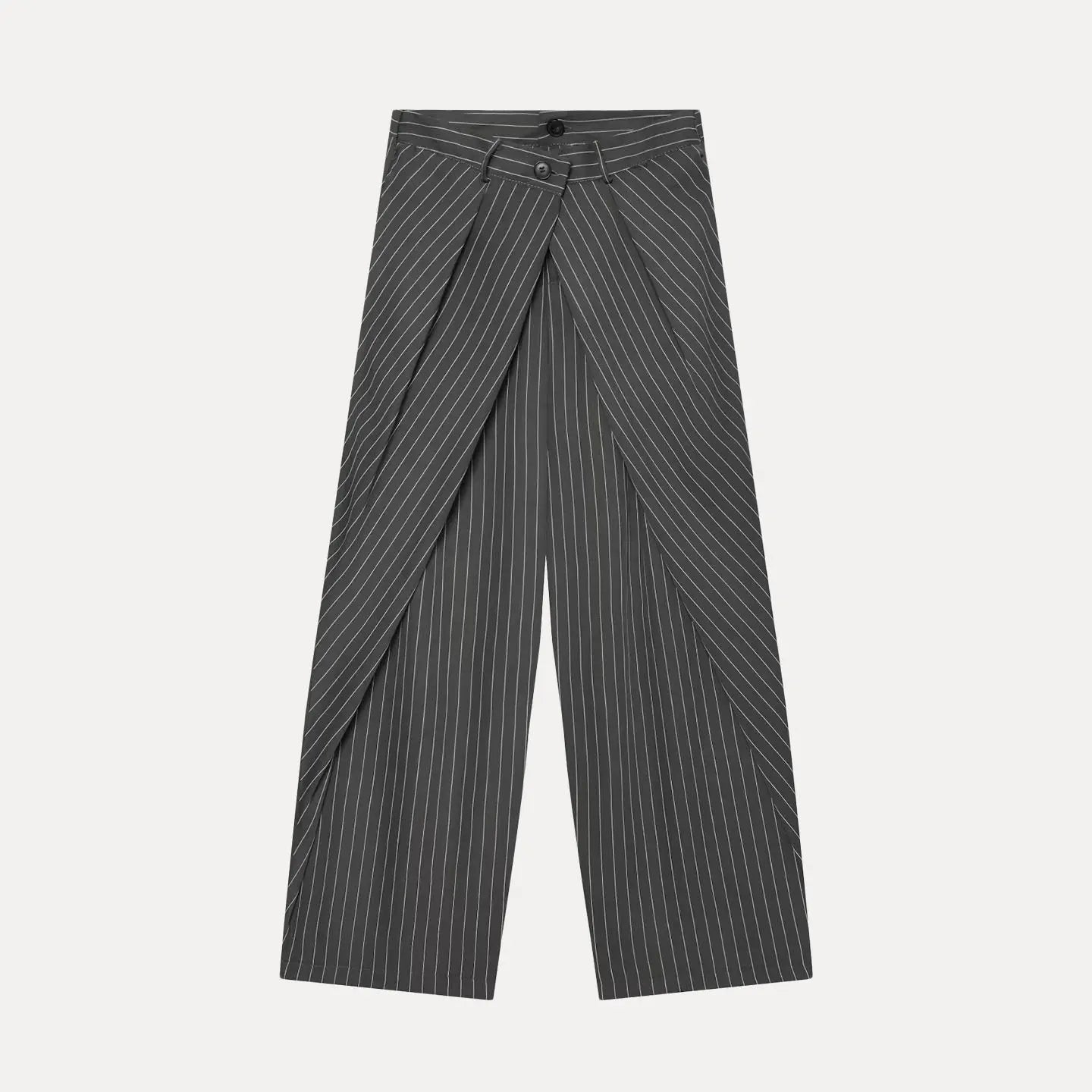 Charcoal pinstripe wide leg wrap pants flat lay front view