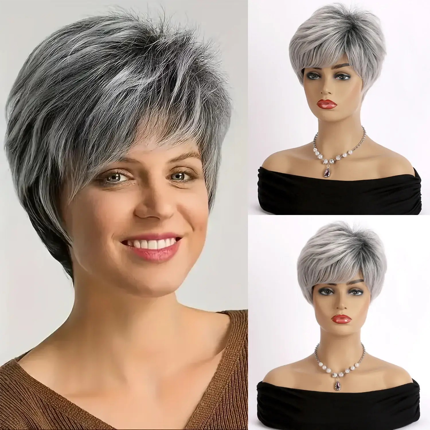 Synthetic wig Short Gray Straight Lace Wig in silver gray, modern and elegant style to enhance your beauty in any moment. Anellace