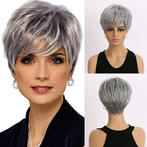 Synthetic wig Short Gray Straight Lace Wig in silver gray, modern and elegant style to enhance your beauty in any moment. Anellace