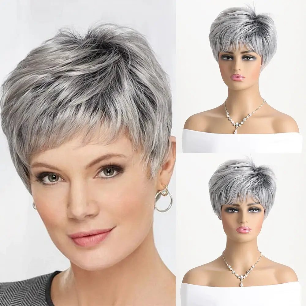 Synthetic wig Short Gray Straight Lace Wig in silver gray, modern and elegant style to enhance your beauty in any moment. Anellace