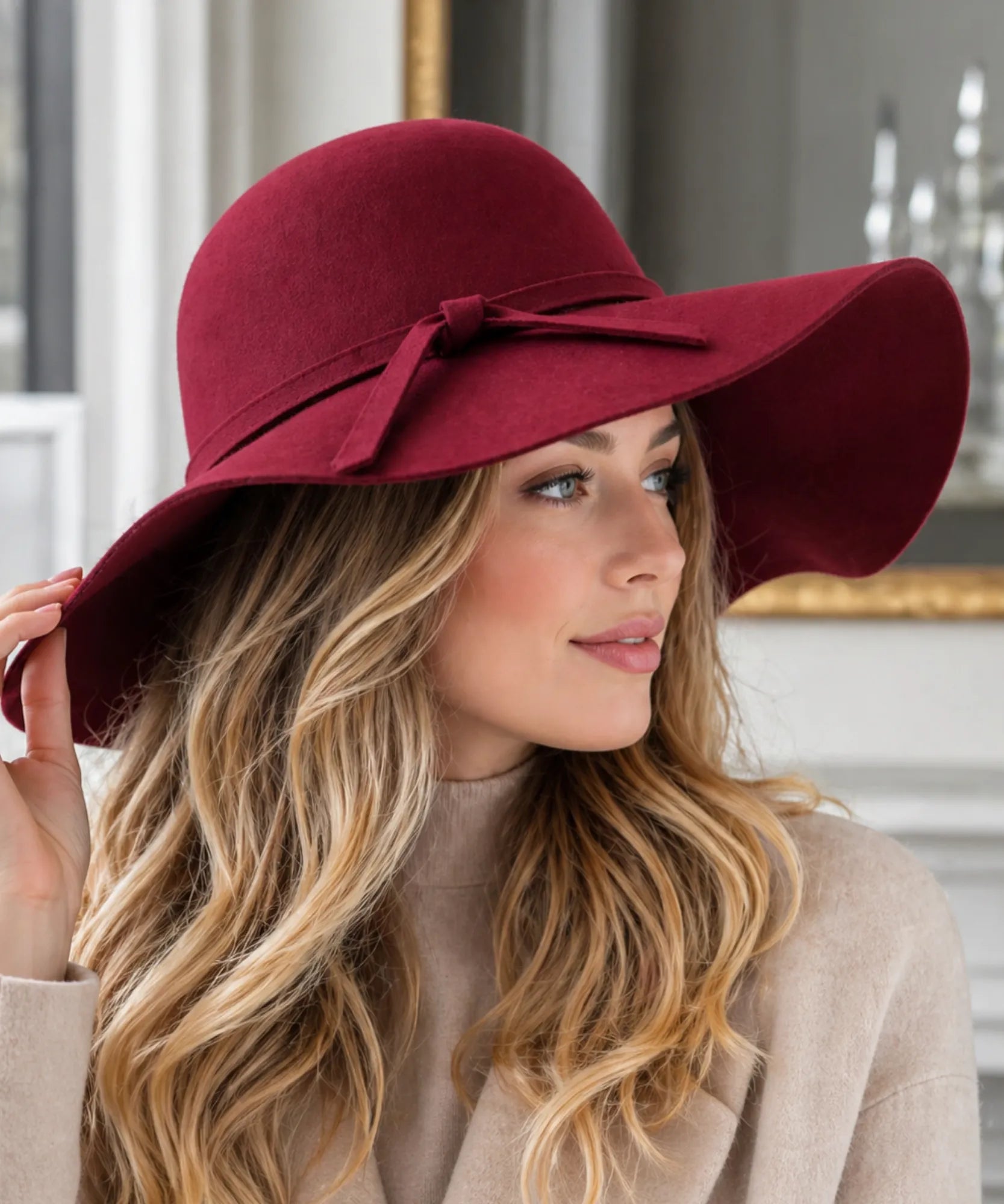Woman wearing a Burgundy wide-brim wool felt fedora hat