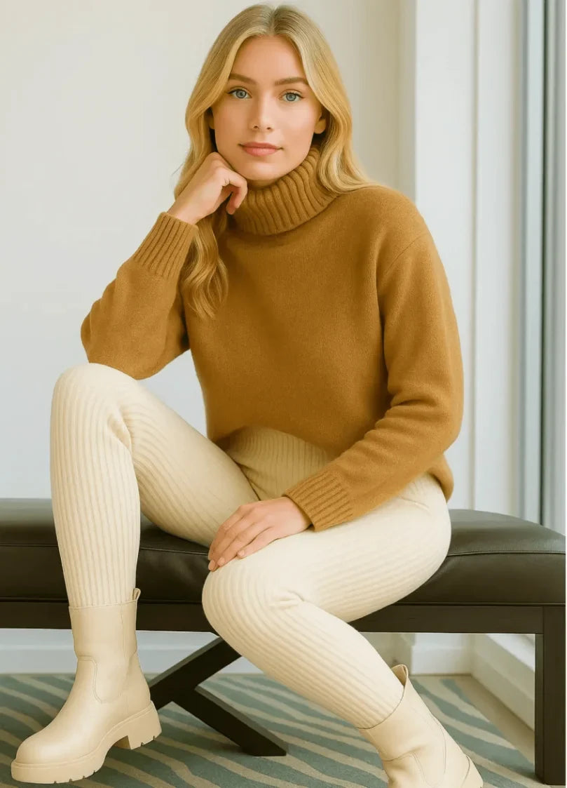 Women's ribbed knit pants in Oatmeal, waistband detail