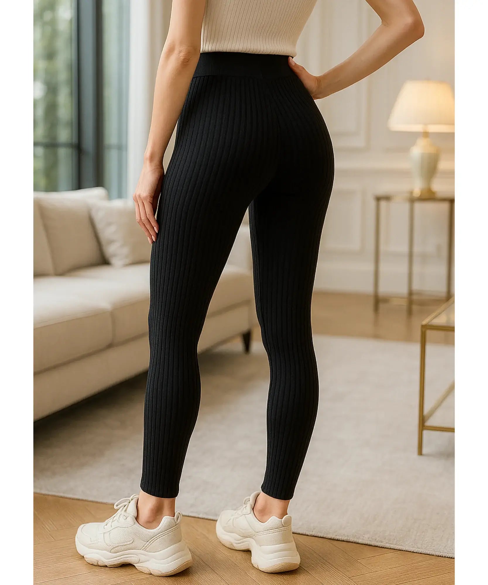 Women's ribbed knit pants in Black, fit detail