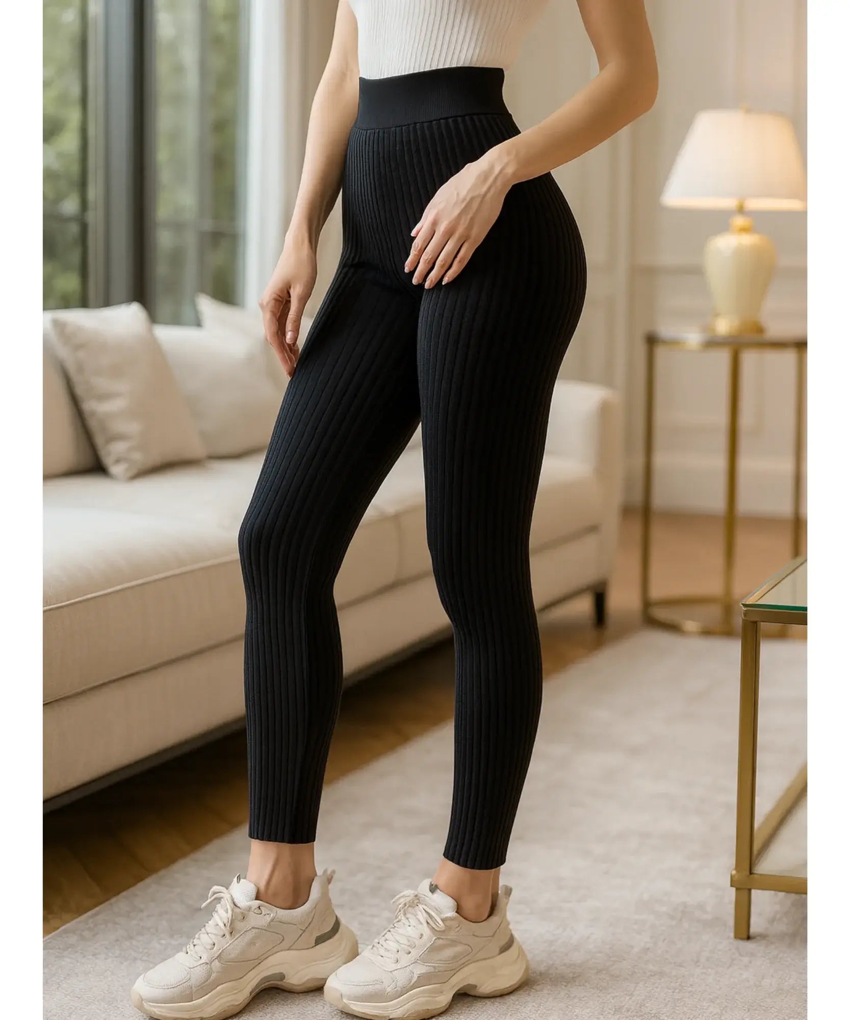 Women's ribbed knit pants in Black, styled look
