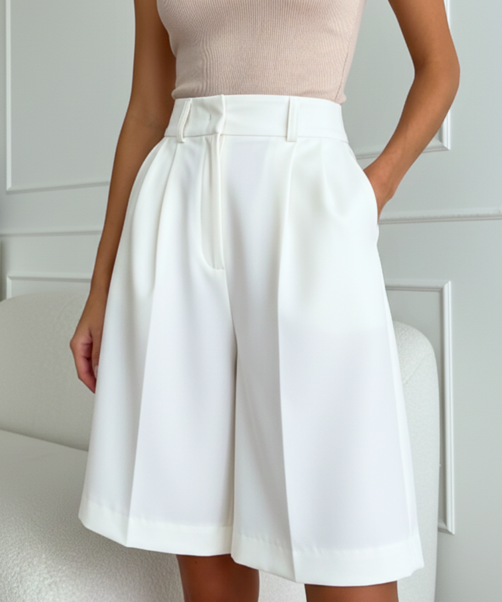 Comprar bermuda feminina alfaiataria cintura alta pregas modelagem solta elegante para trabalho barato ANELLIMN