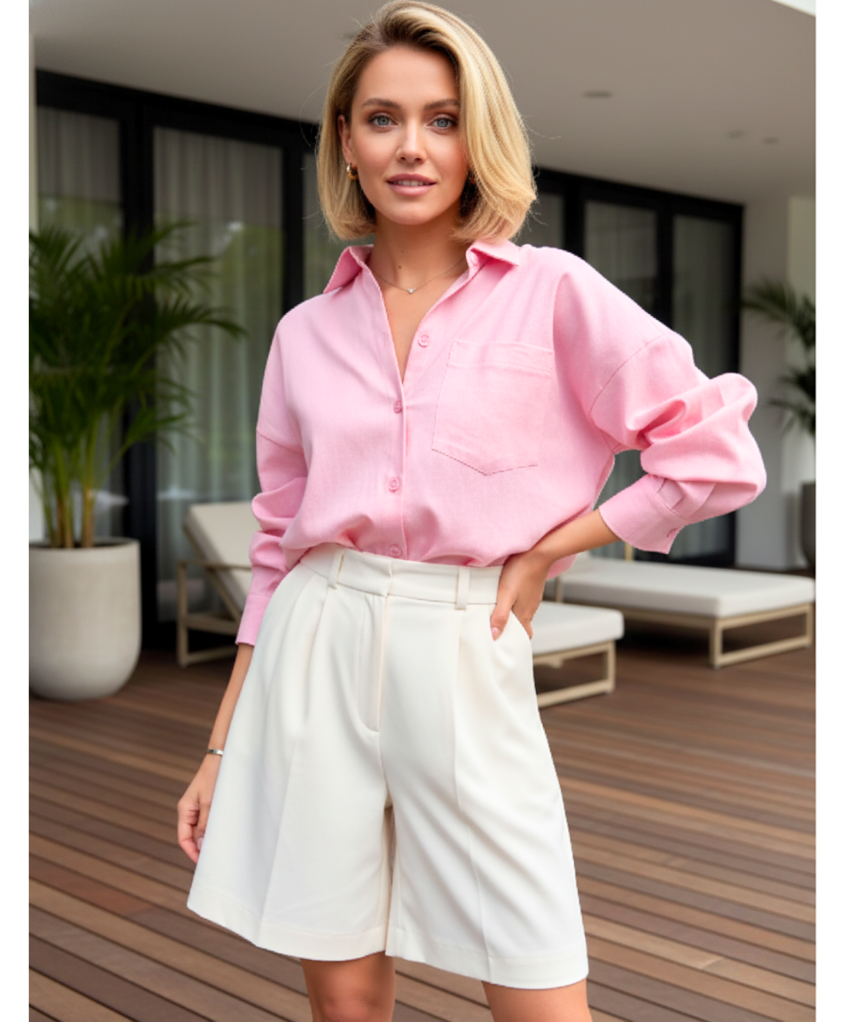 Comprar bermuda feminina alfaiataria cintura alta pregas modelagem solta elegante para trabalho barato ANELLIMN