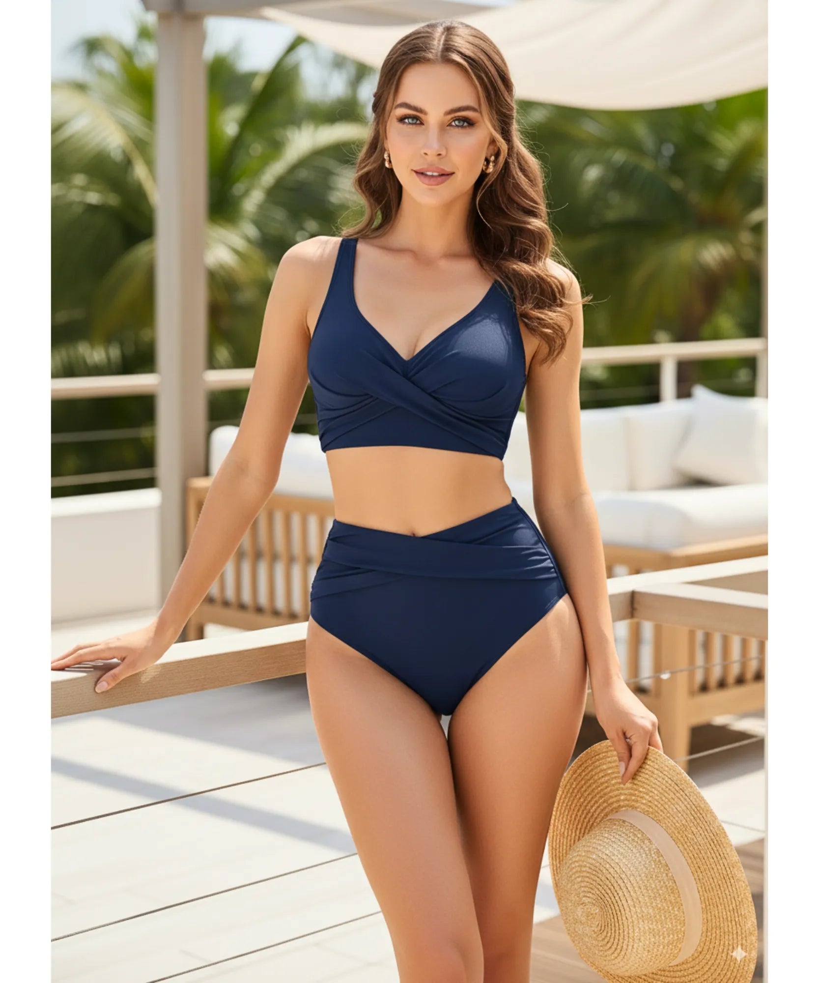 Women's high-waisted tummy-control bikini set in navy blue, detail view
