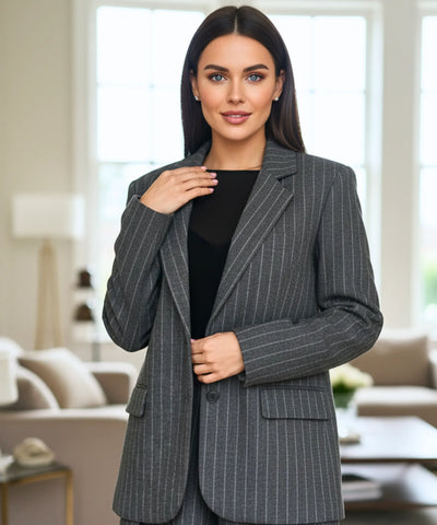 Women's Charcoal Grey Pinstripe Tailored Blazer and Skirt Set | Alexis