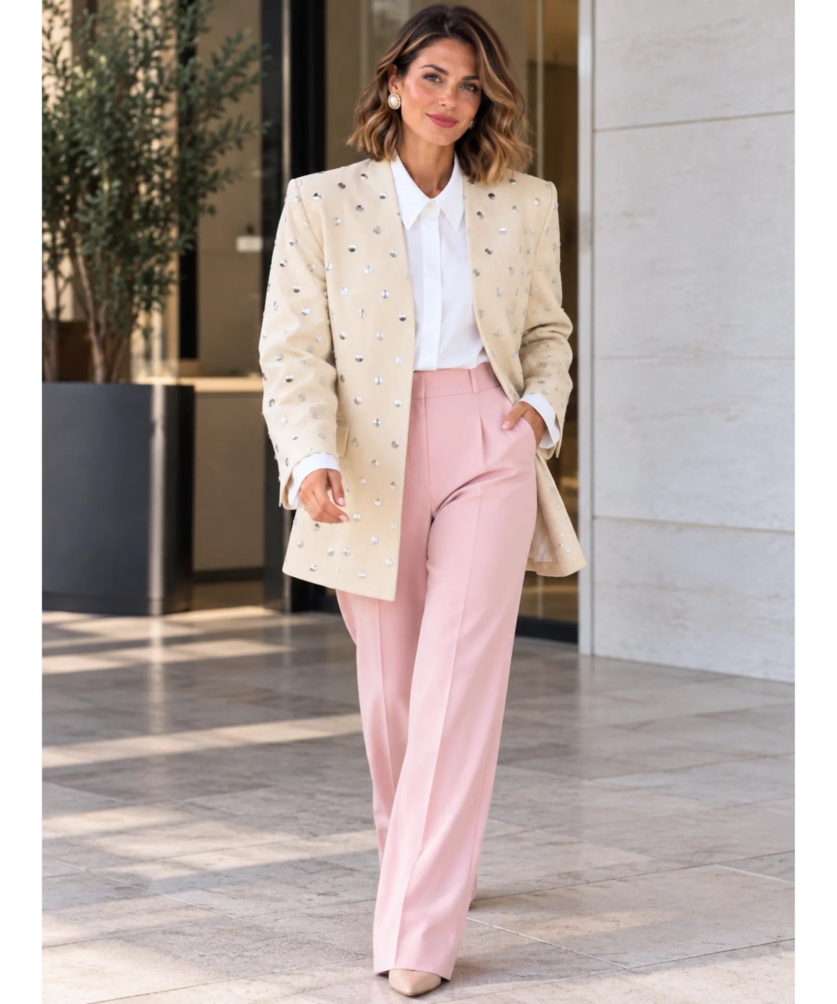 Beige oversized blazer with long sleeves, full length look