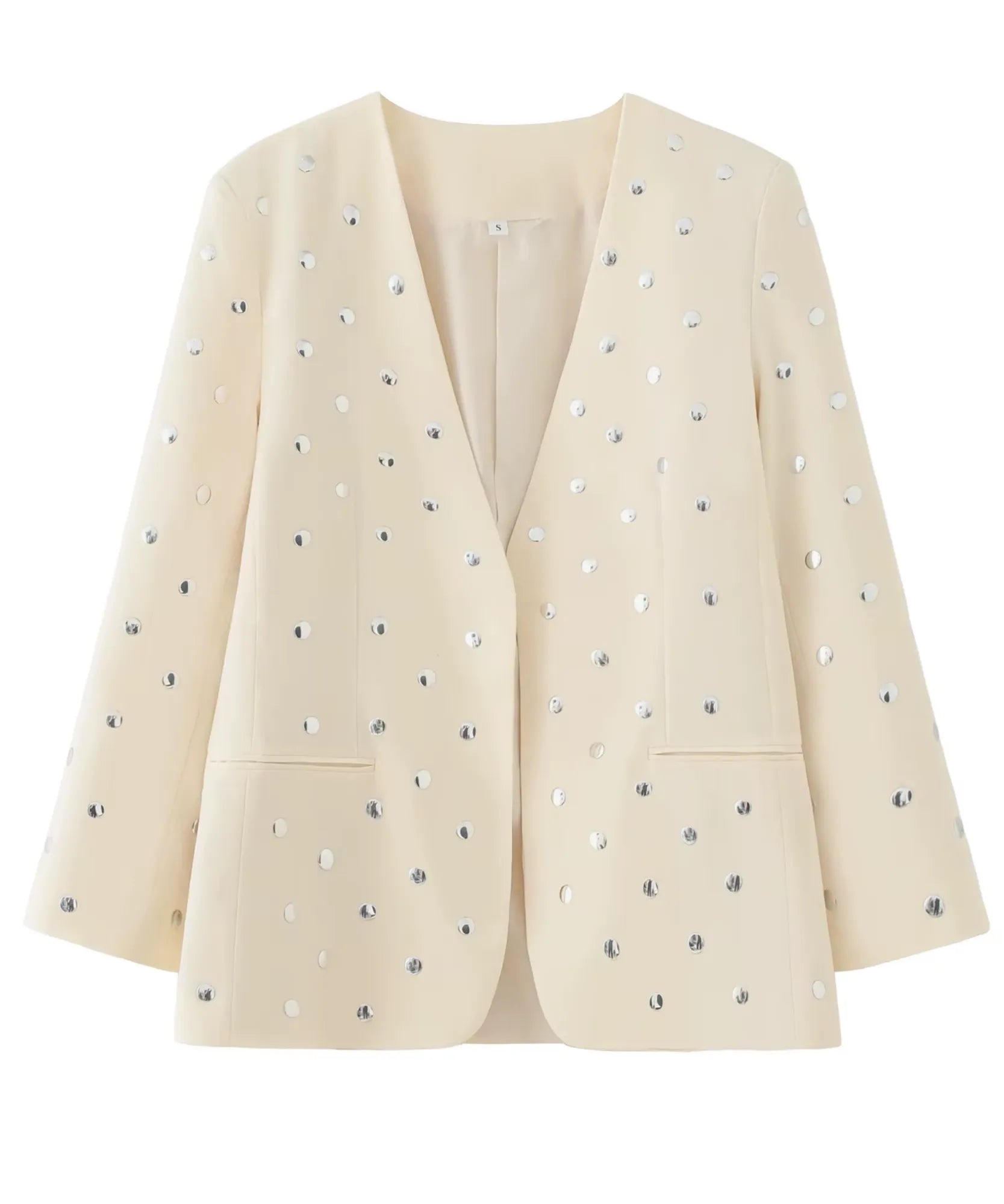 Beige blazer with silver studs, product shot front view