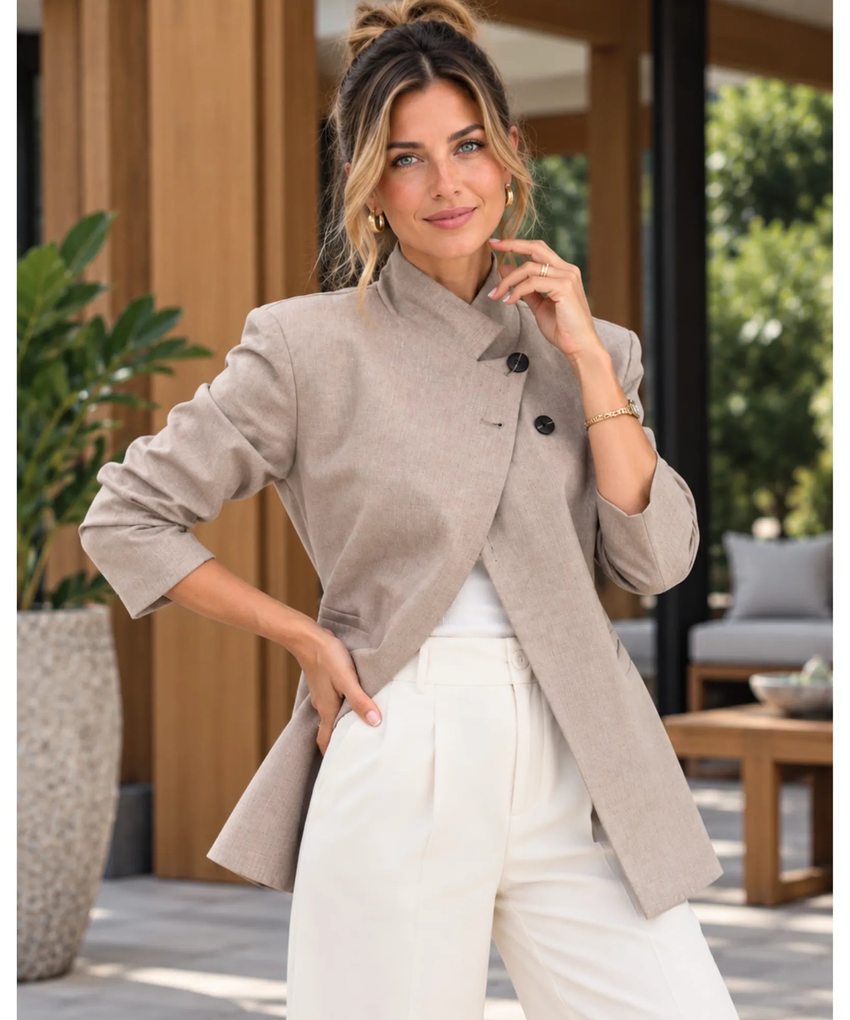 Beige casual blazer with long sleeves and a mandarin collar