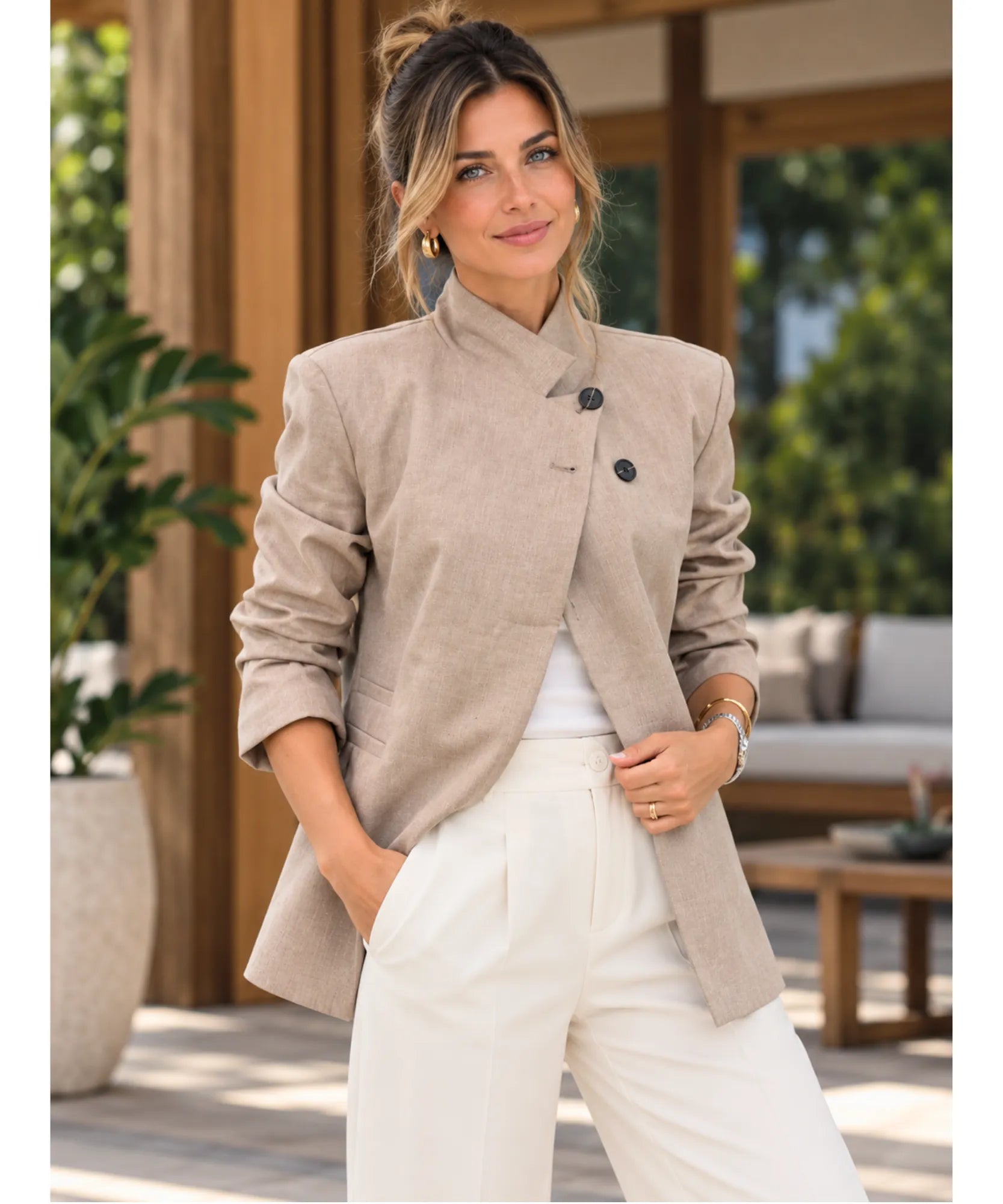 Beige blazer with an asymmetrical button closure