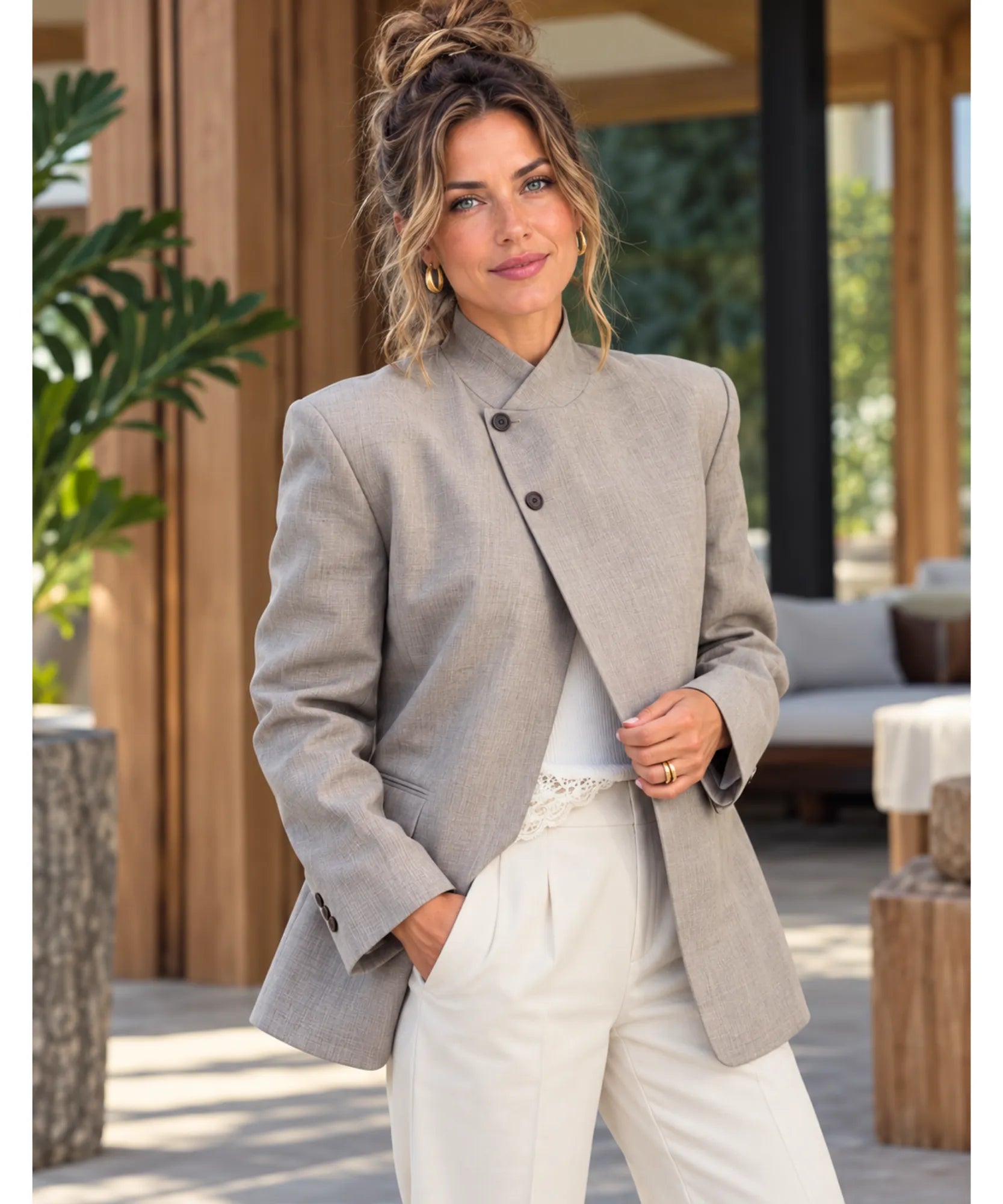 Beige casual blazer with a straight cut