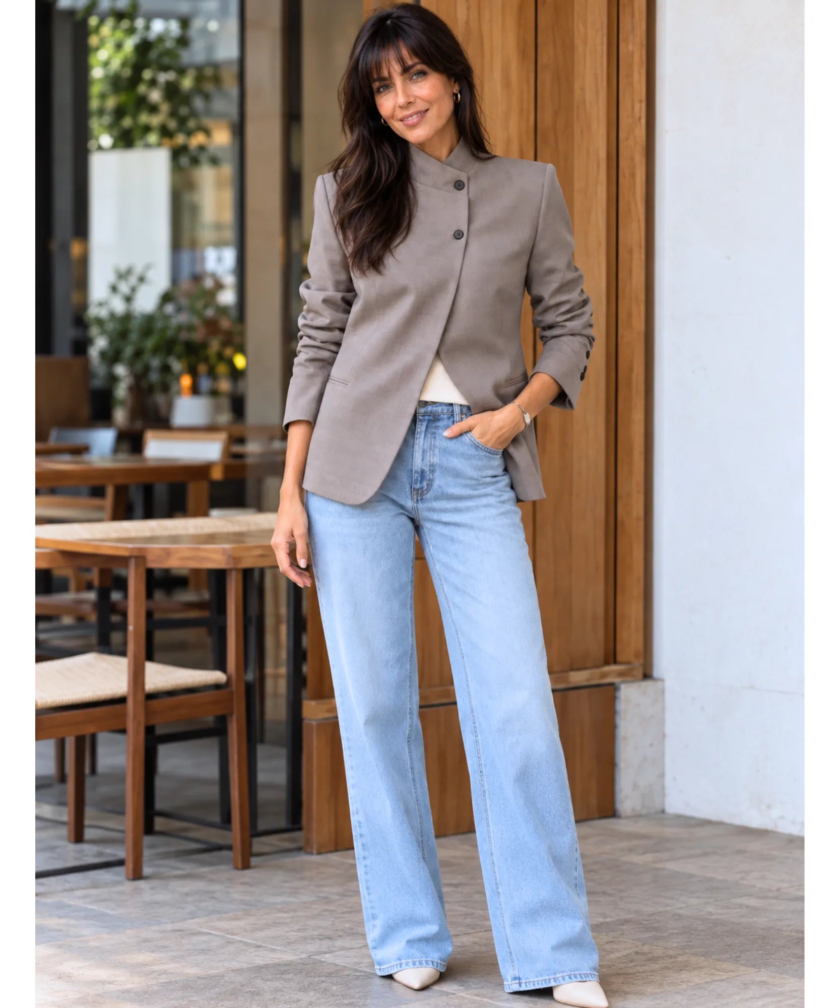 Beige casual blazer styled with jeans