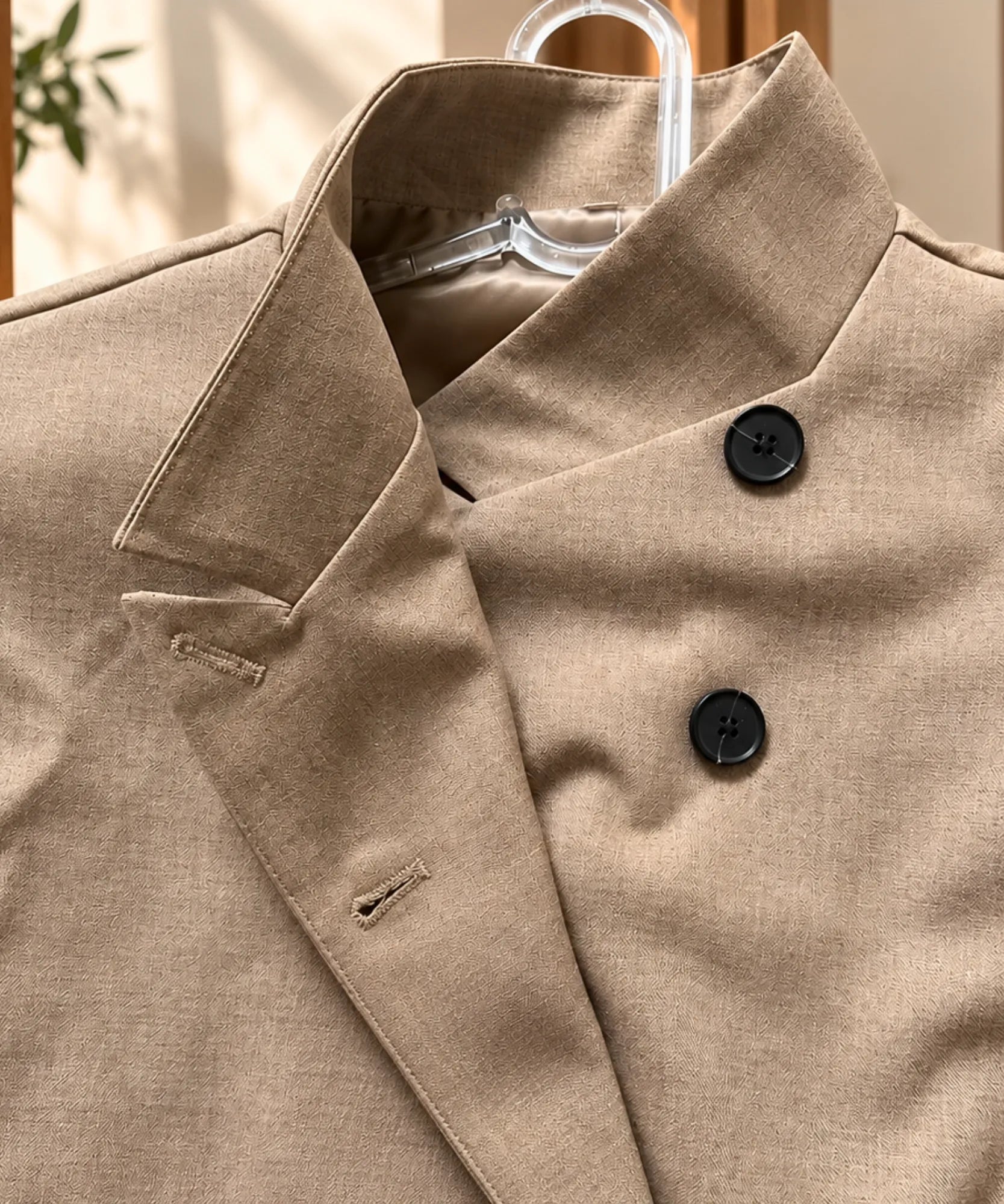 Close up of the mandarin collar and buttons on the Beige blazer