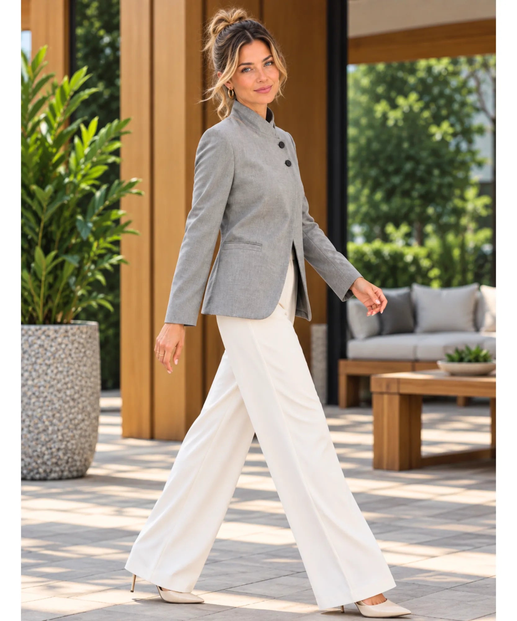 Grey casual blazer with a mandarin collar, full length look