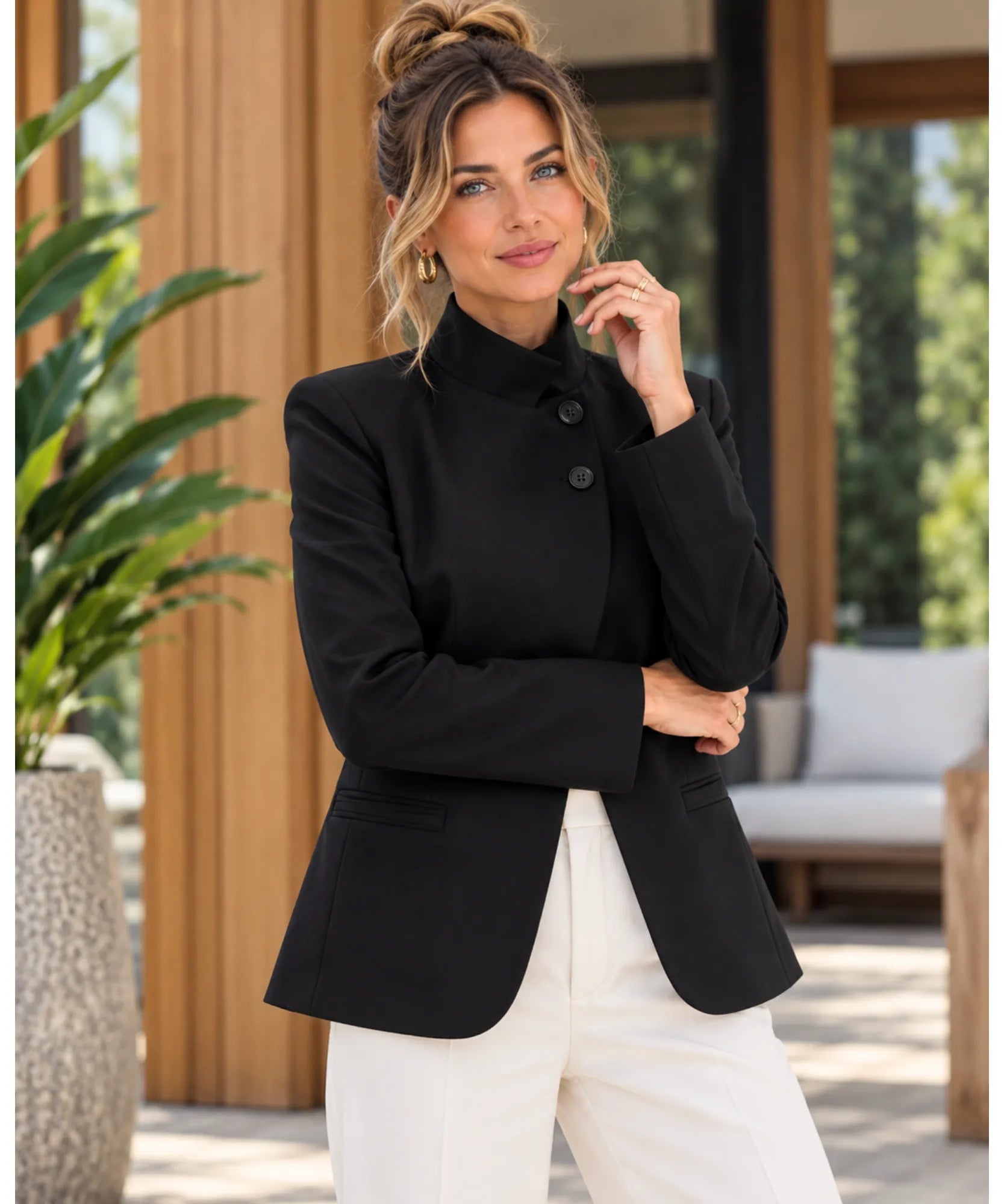 Black casual blazer with long sleeves and a mandarin collar