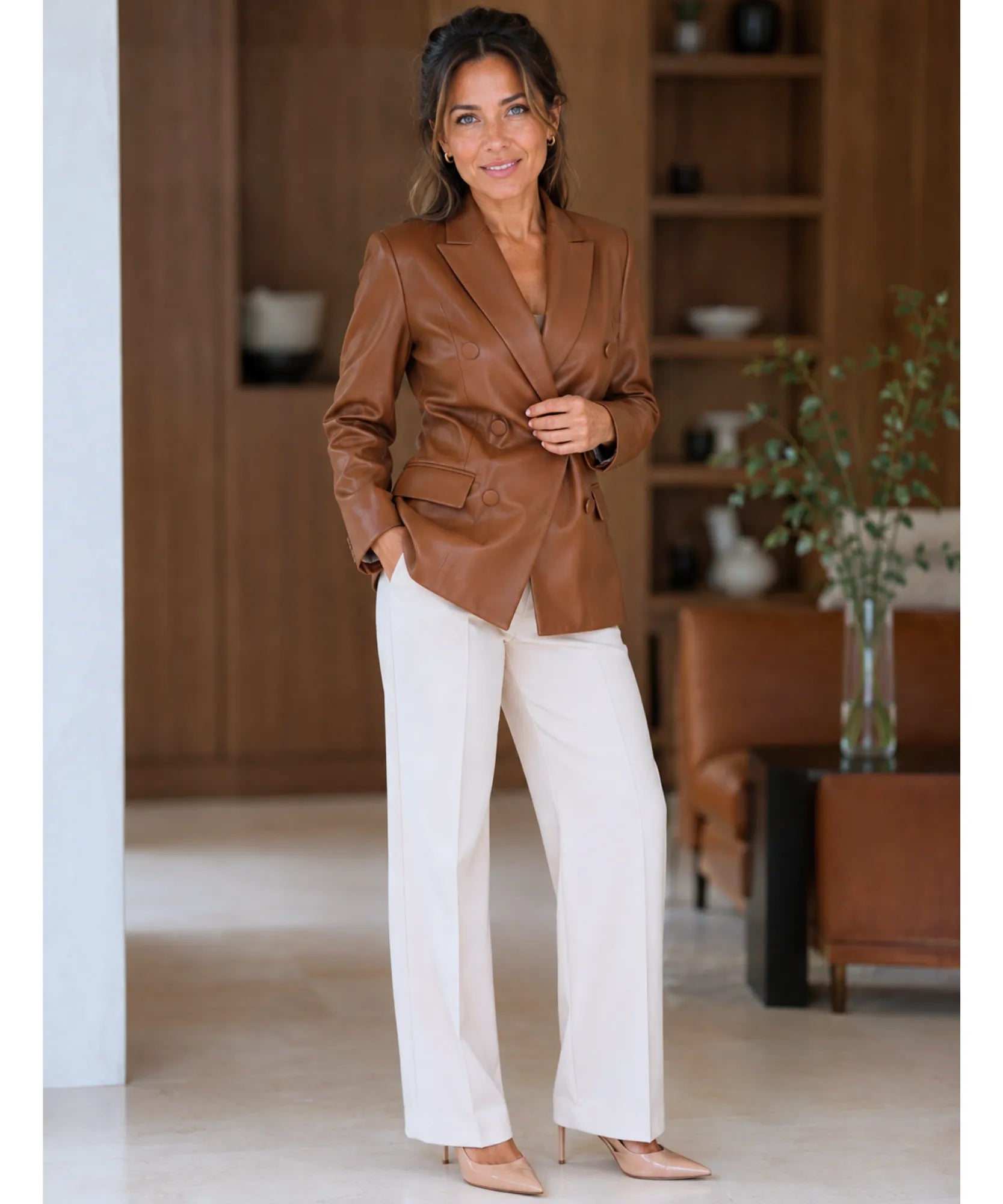 Women's leather blazer with gold buttons in cognac, styled look