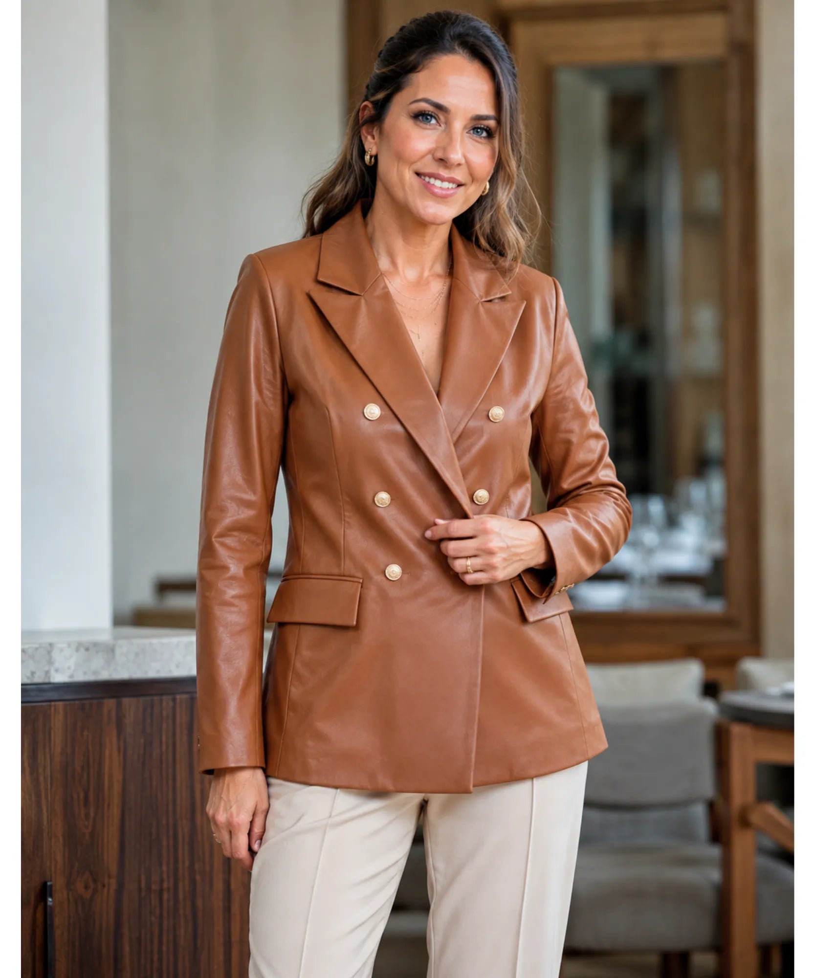 Women's leather blazer with gold buttons in cognac, cuff detail